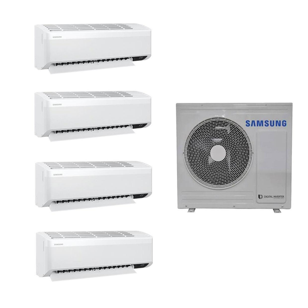 Dört beyaz Samsung iç ünite klima ve beyaz arka plan üzerinde bir dış ünite.