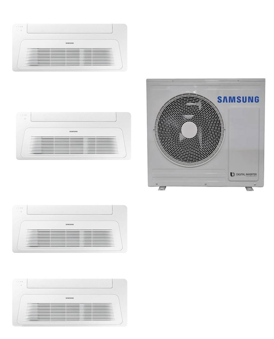 Dört beyaz Samsung iç ünite ve bir beyaz Samsung dış ünite.