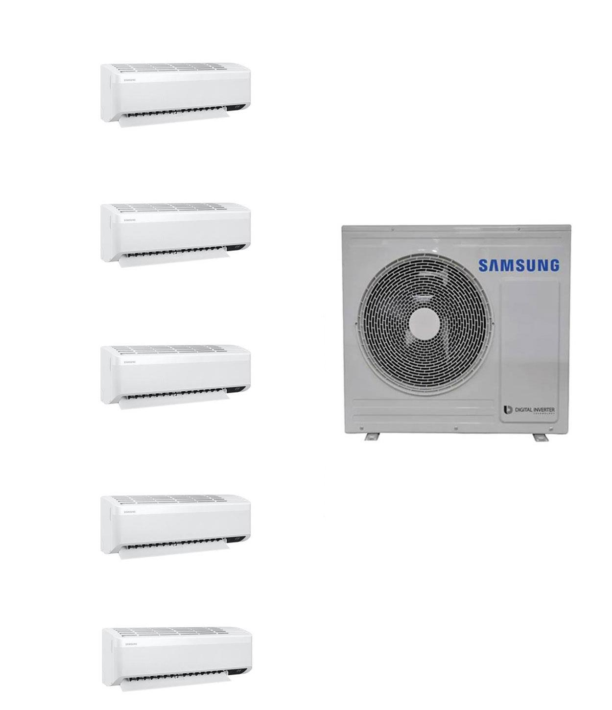 Beş beyaz klima ve bir gümüş Samsung dış ünite.