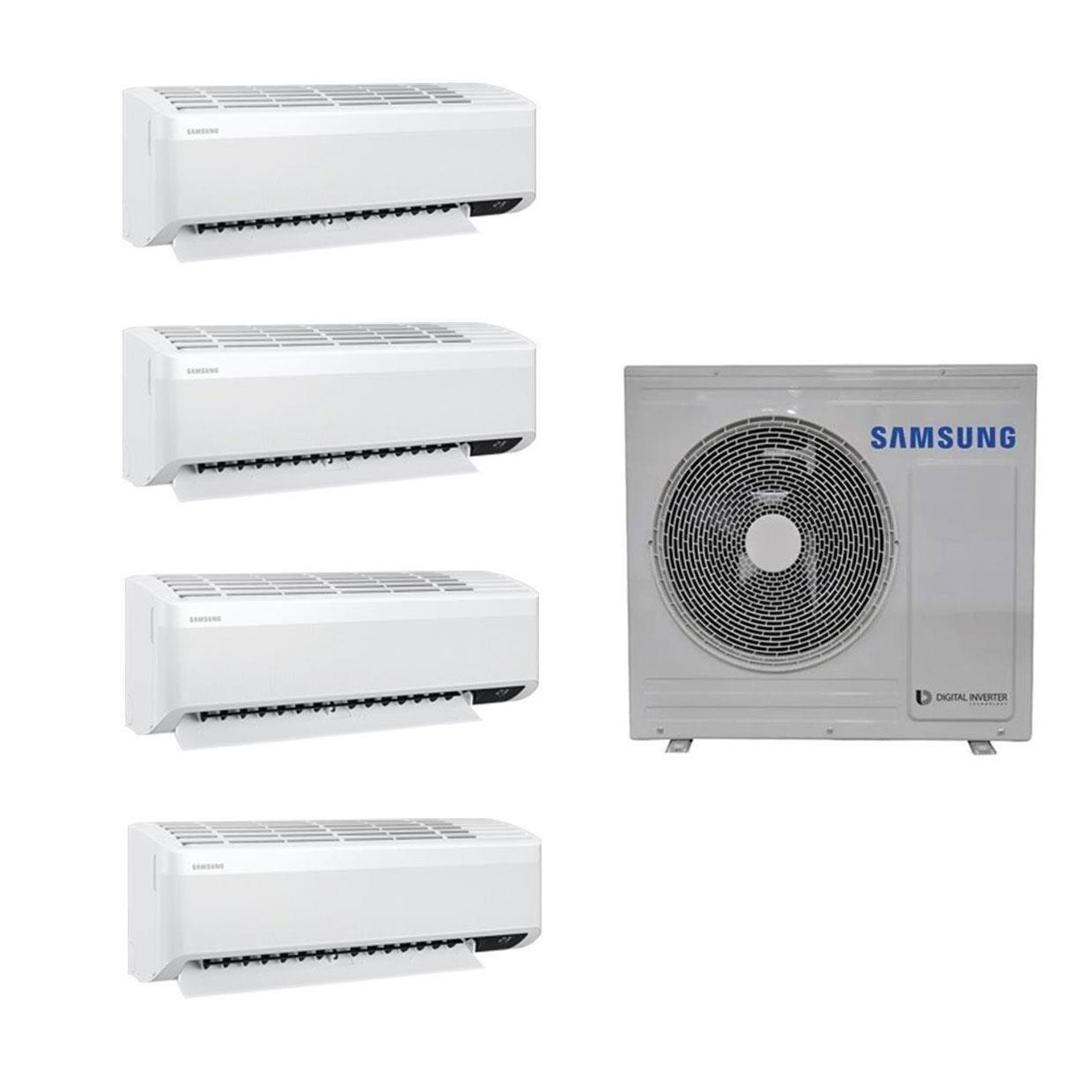 Dört beyaz Samsung klima iç ünite ve bir dış ünite.