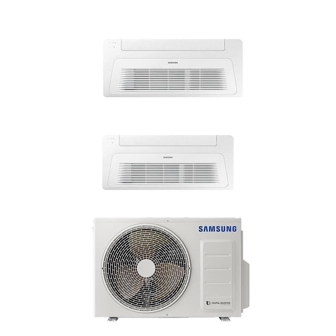 Üç beyaz Samsung klima bileşeni: iki tavan tipi ve bir dış ünite.