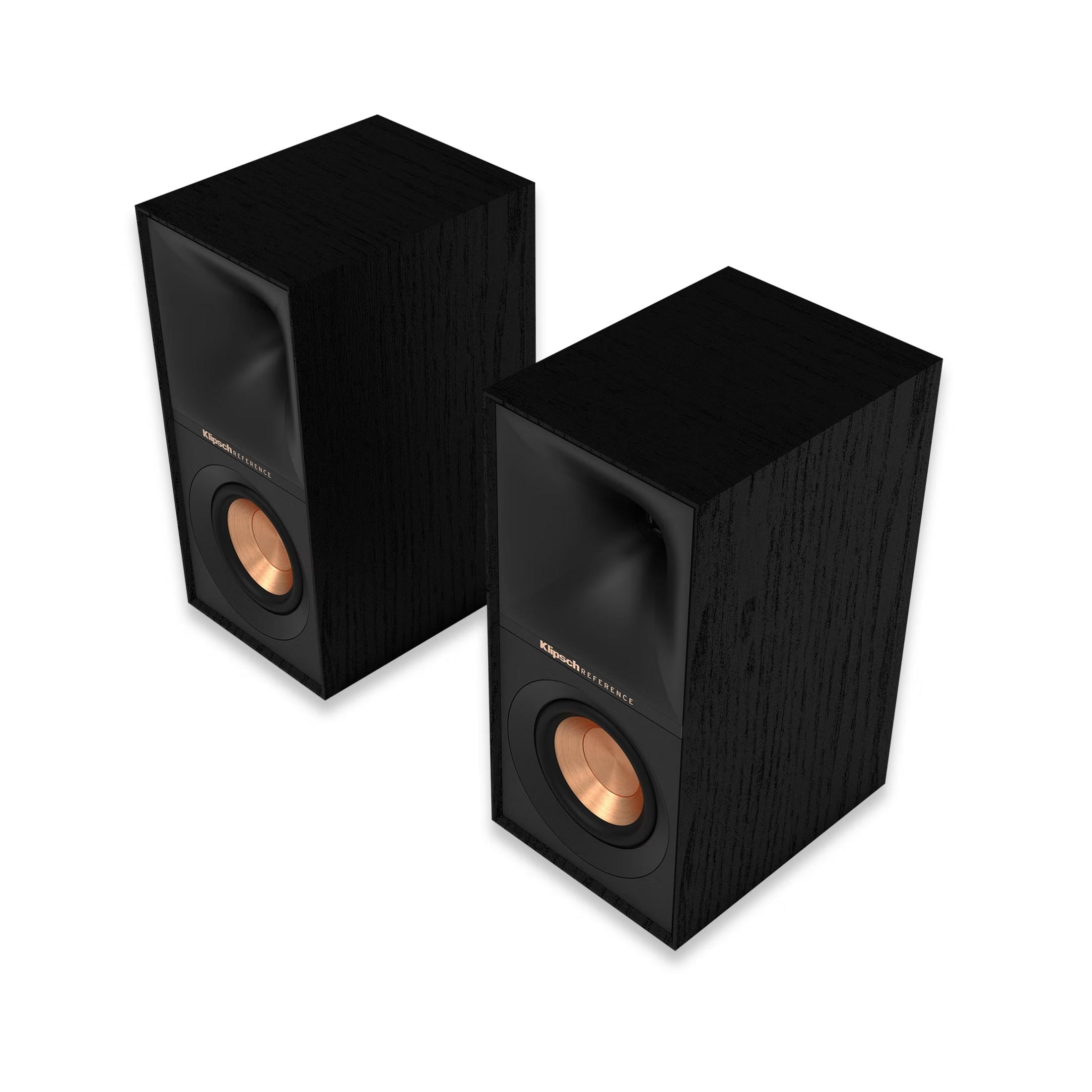 Due altoparlanti Klipsch neri con woofer in rame visti dall'alto.