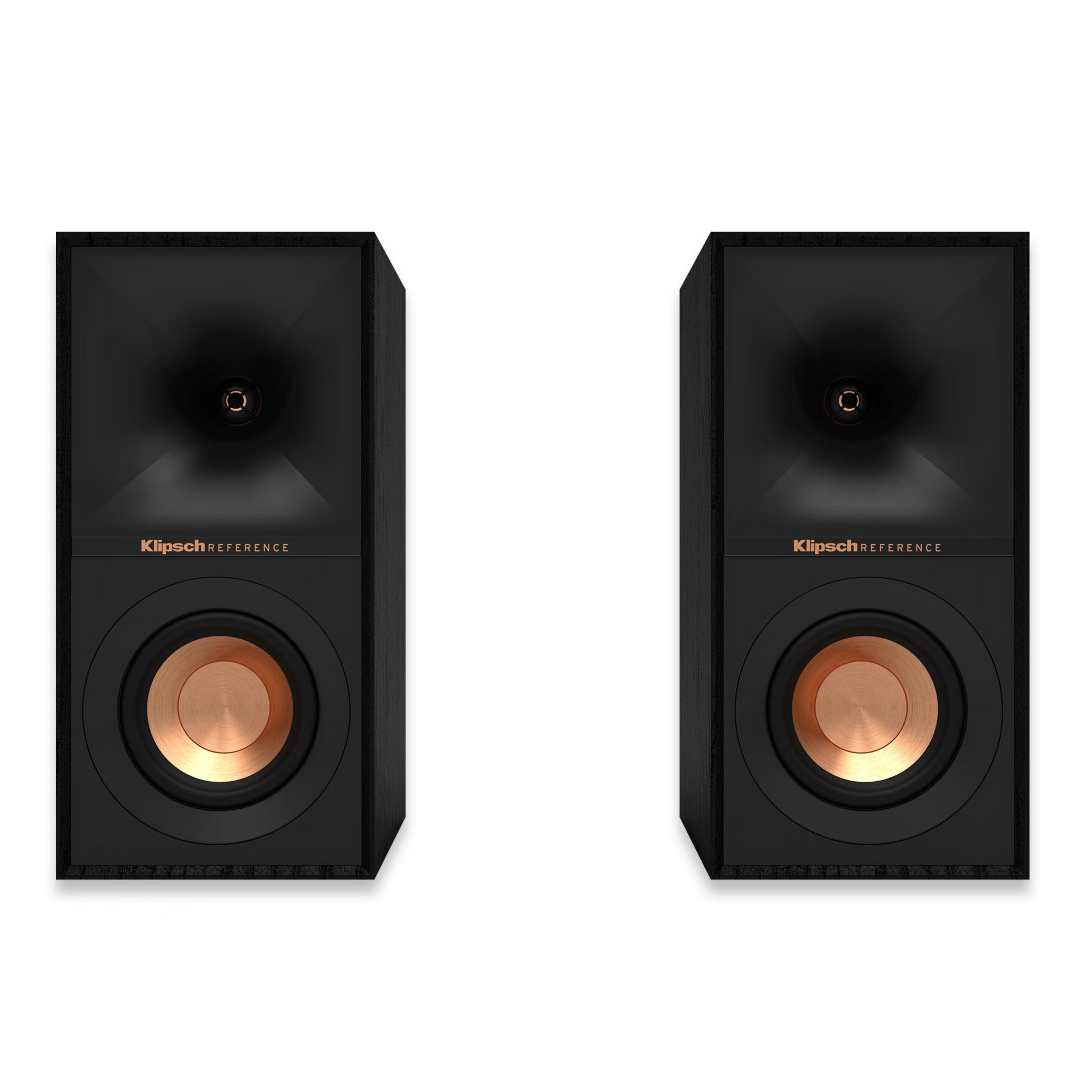 Due altoparlanti Klipsch neri con woofer in rame e tweeter a tromba.