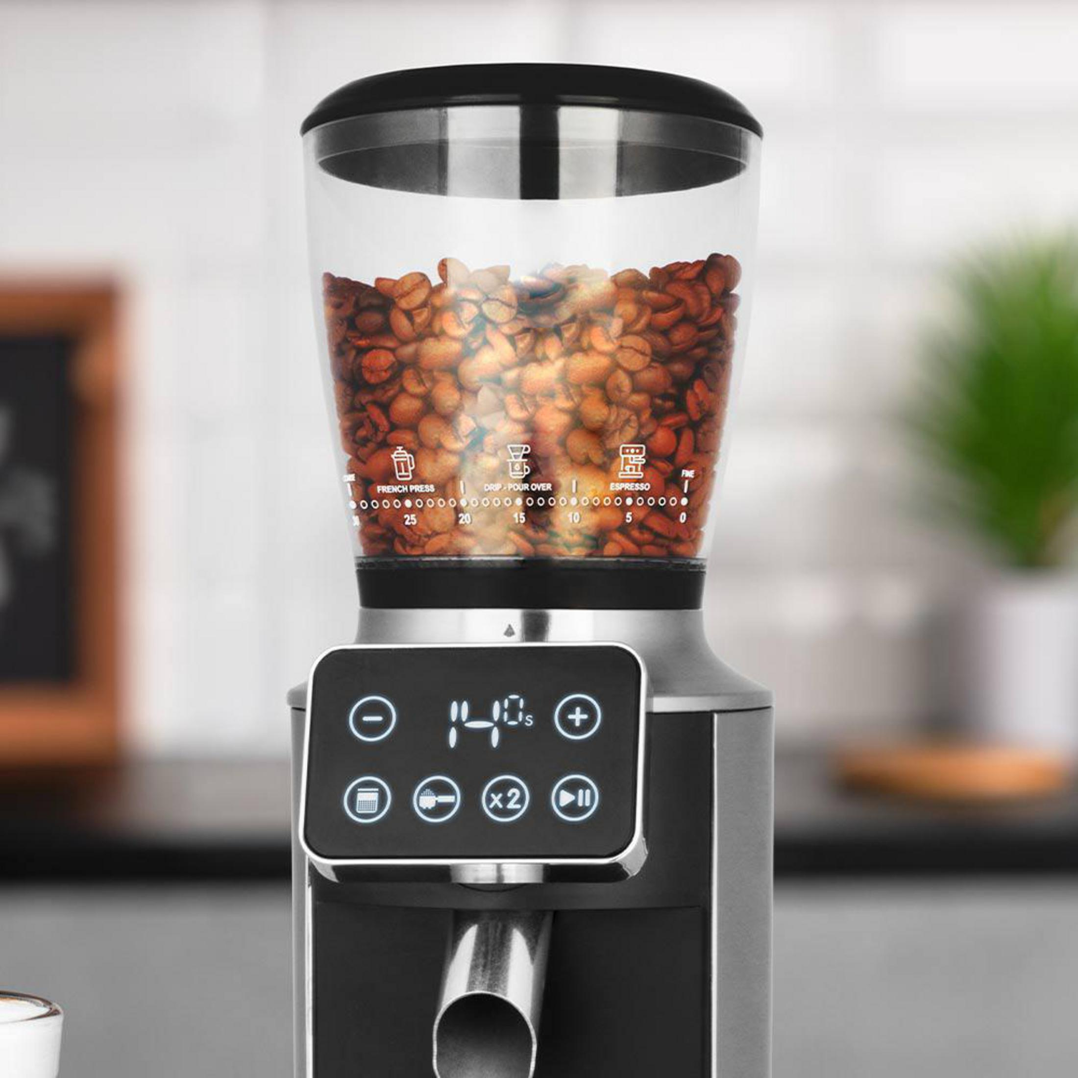 Kaffeemühle mit vollem Bohnenbehälter und digitaler Anzeige