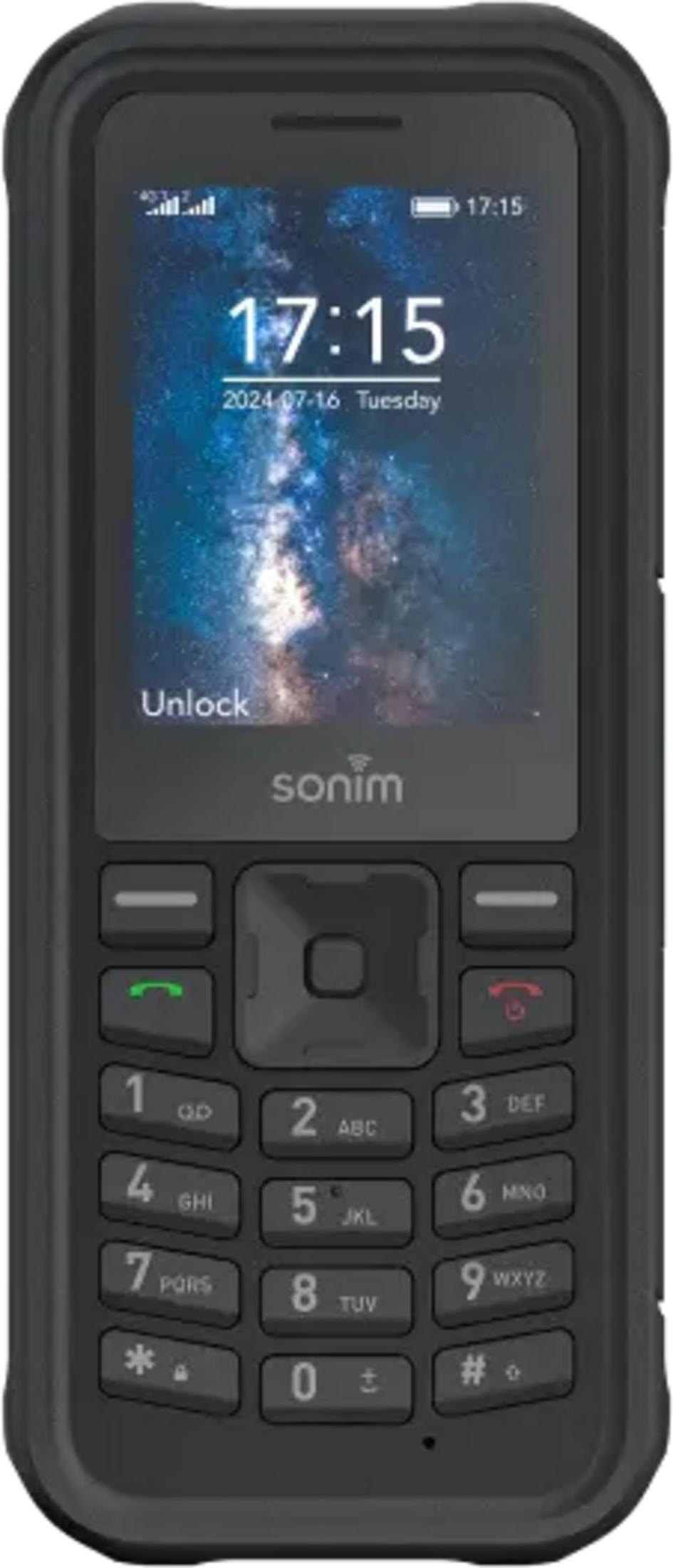 Un teléfono Sonim negro con fondo de cielo estrellado. Hora 17:15.