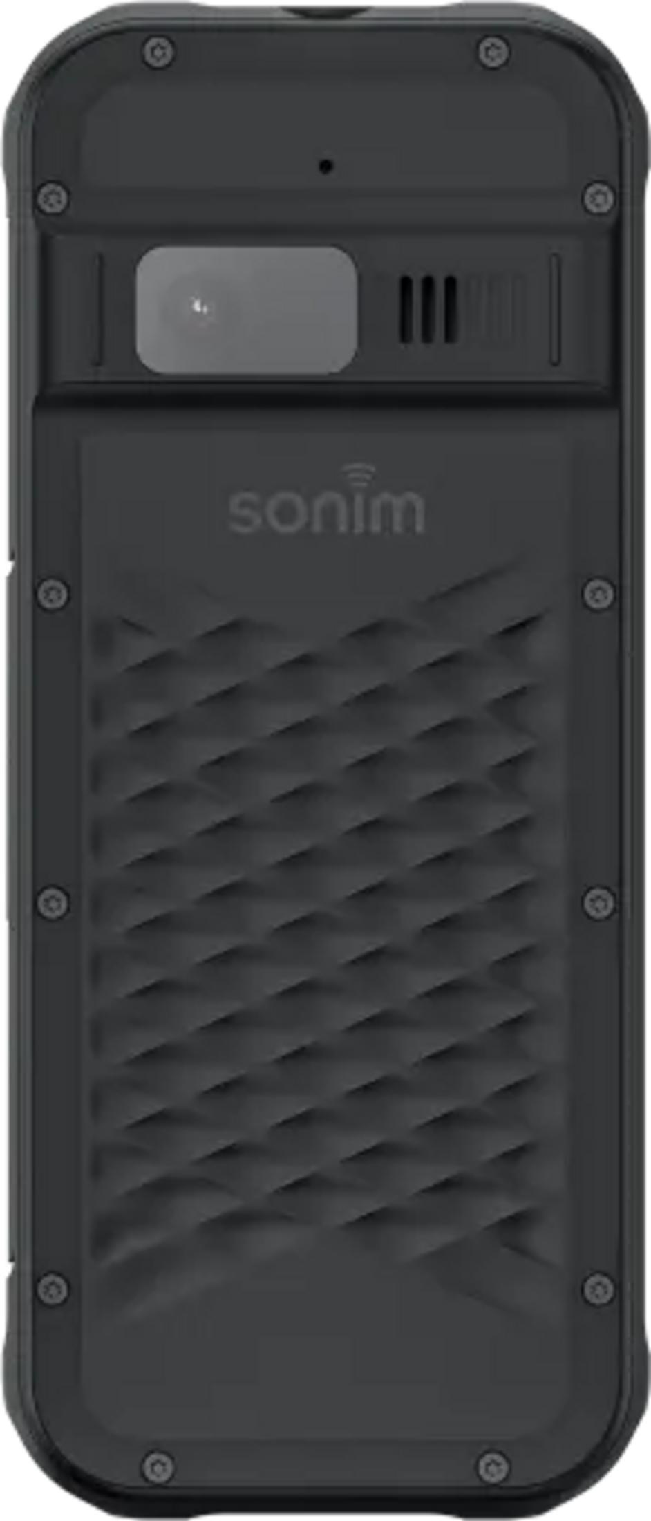 Parte trasera de un smartphone Sonim negro y robusto con cámara y rejilla.