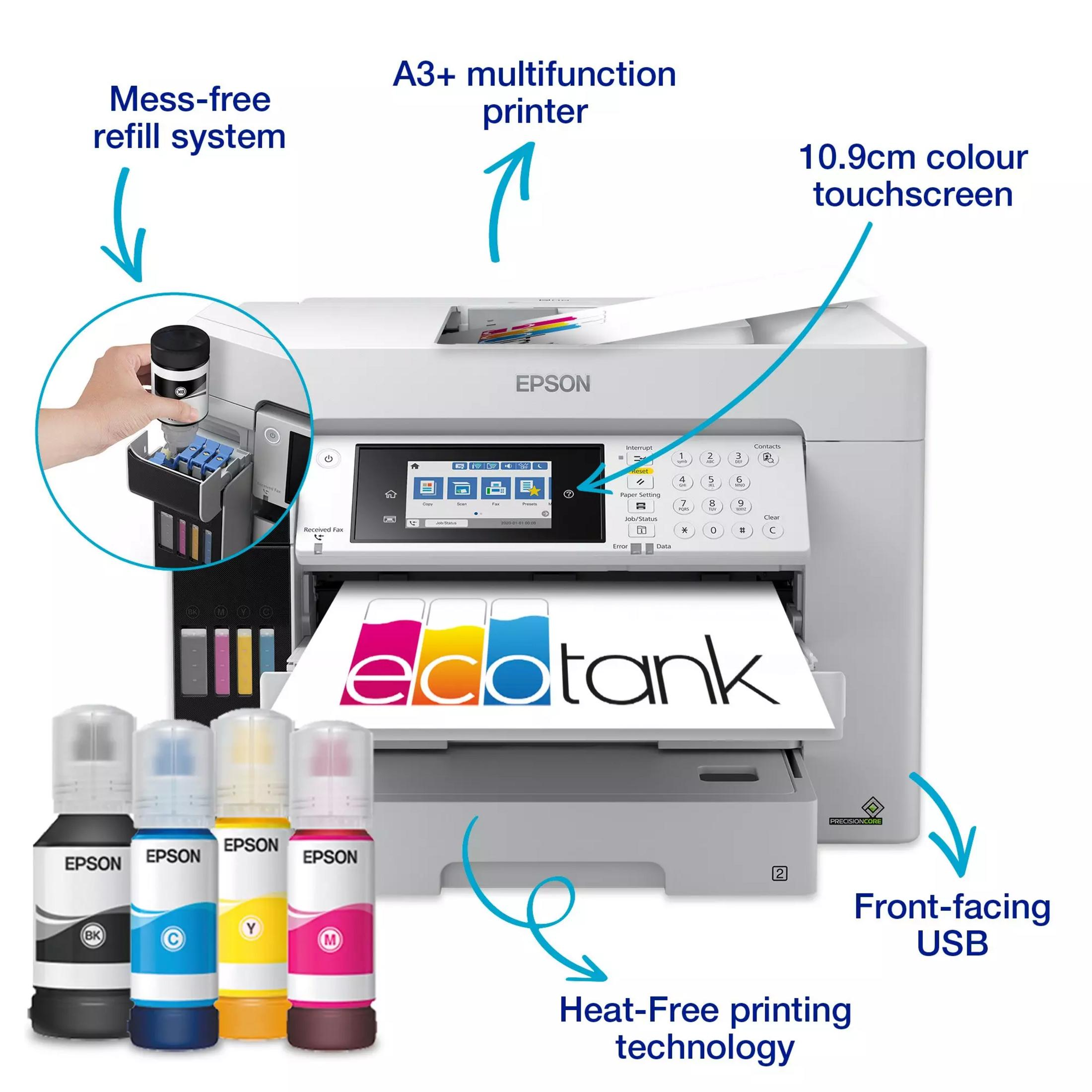 Een Epson EcoTank printer met hervulbare inkttanks en kleurenaanraakscherm.