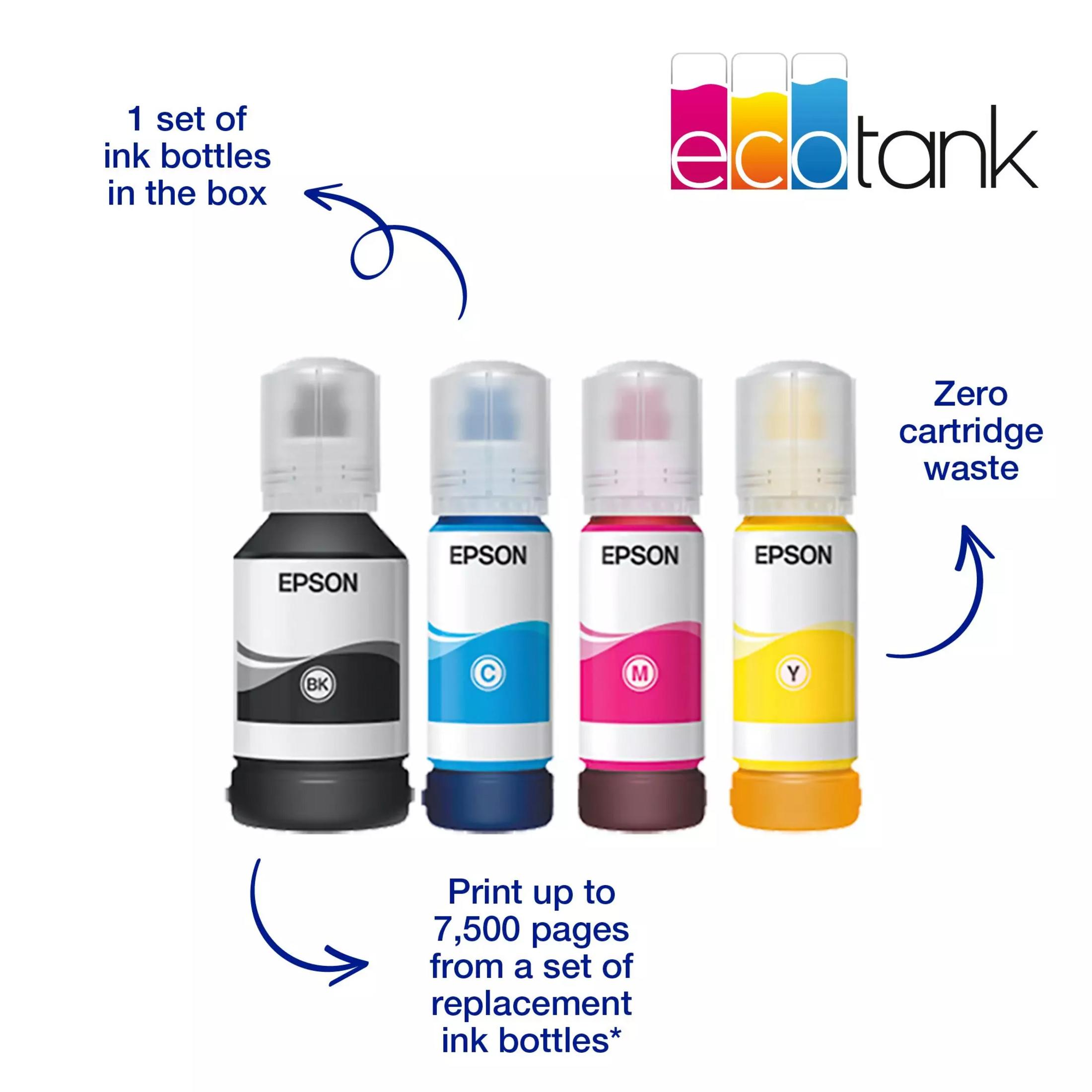 Vier Epson EcoTank inktflessen: zwart, cyaan, magenta, geel.