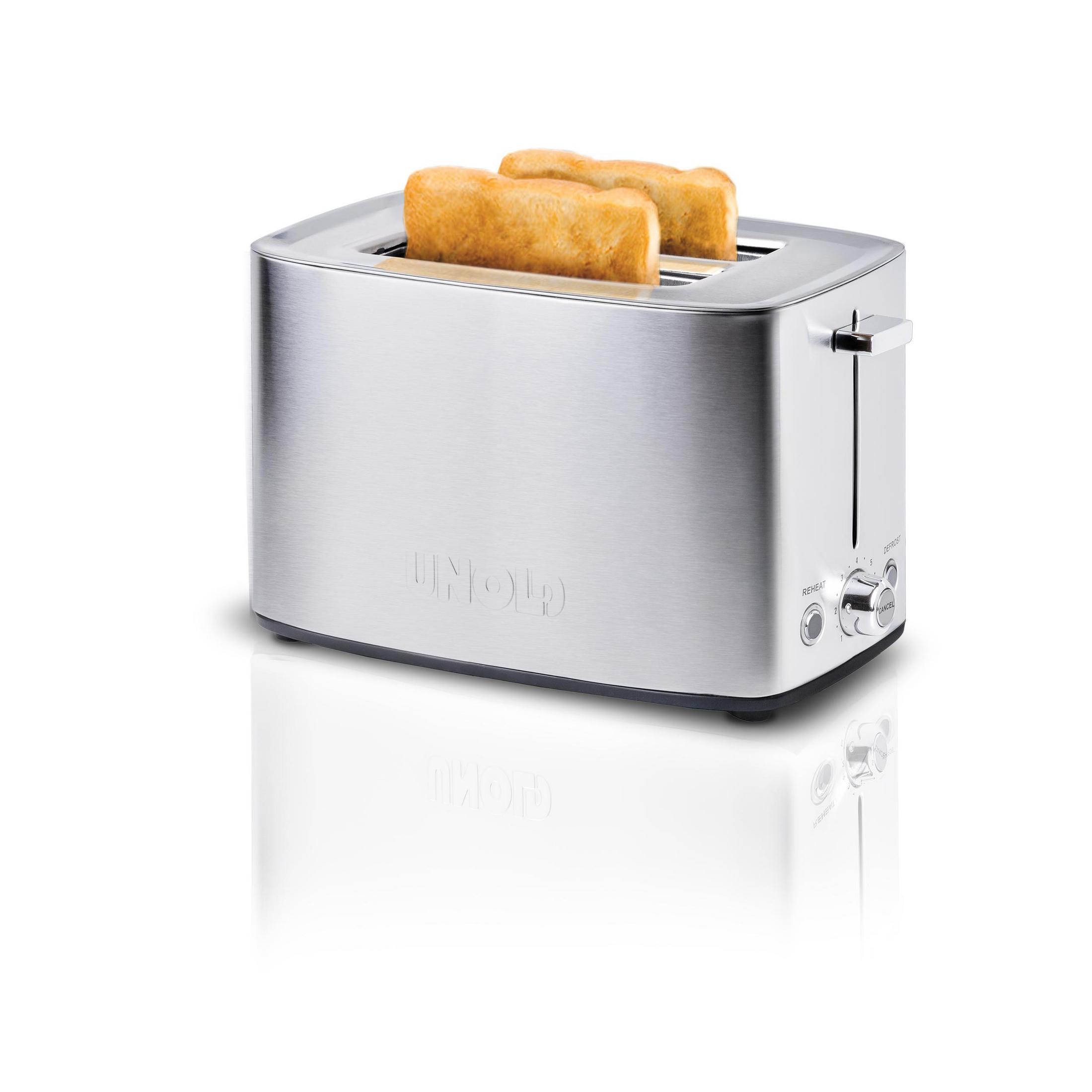 Ein silberner Toaster mit zwei goldbraunen Toastscheiben ist sichtbar.