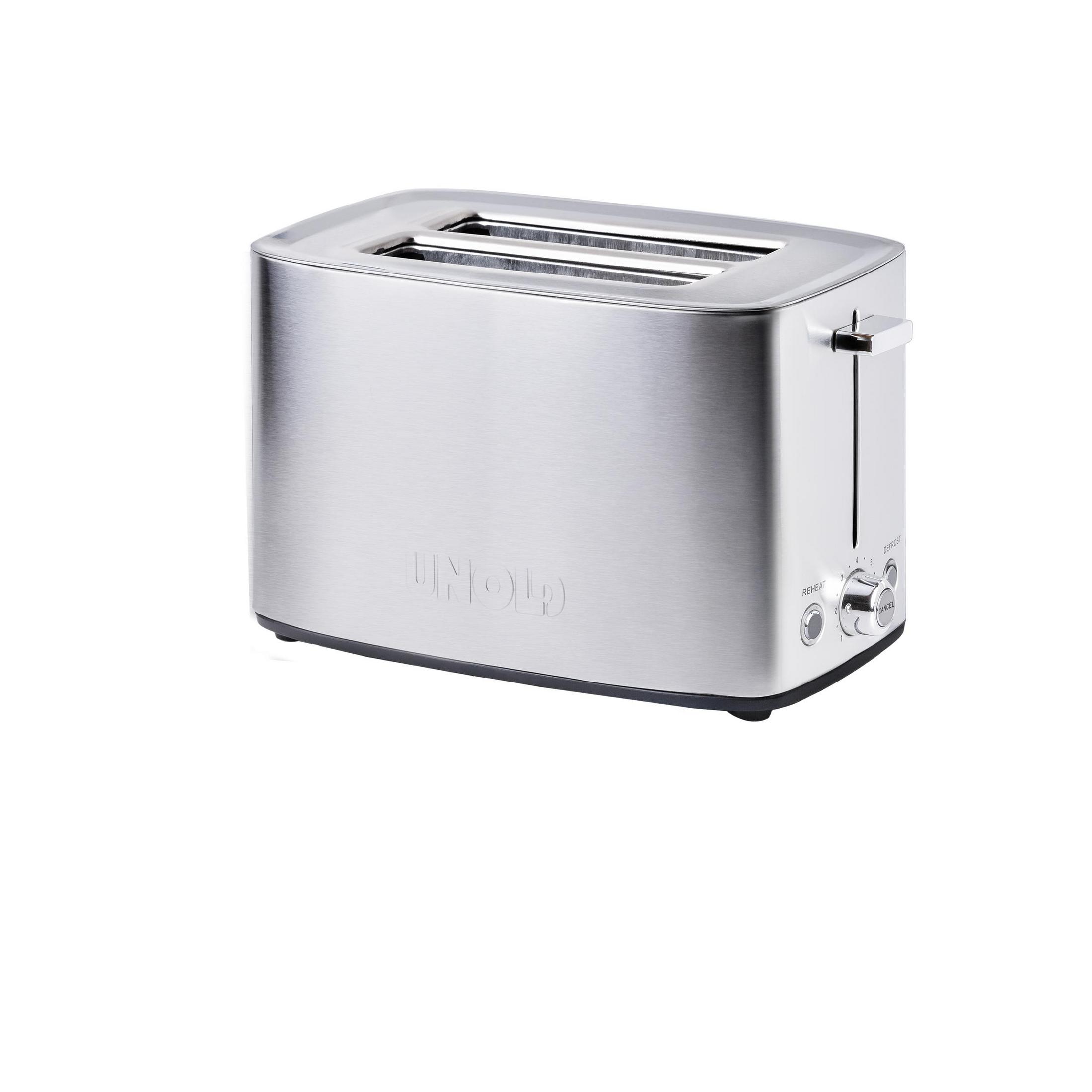 Ein silberner Toaster mit zwei Schlitzen und Bedienelementen.