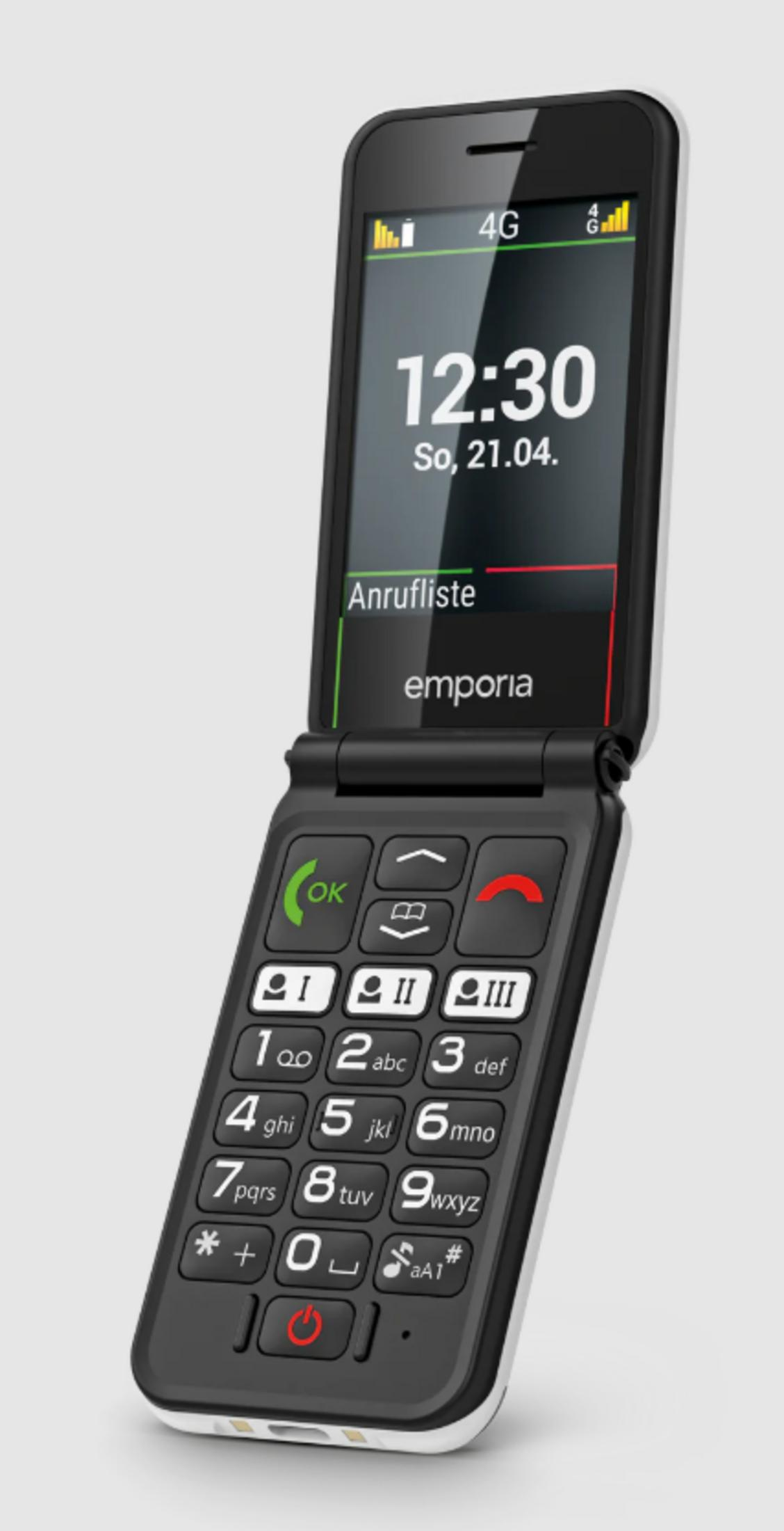 Un telefono a conchiglia Emporia nero aperto con tastiera e display.