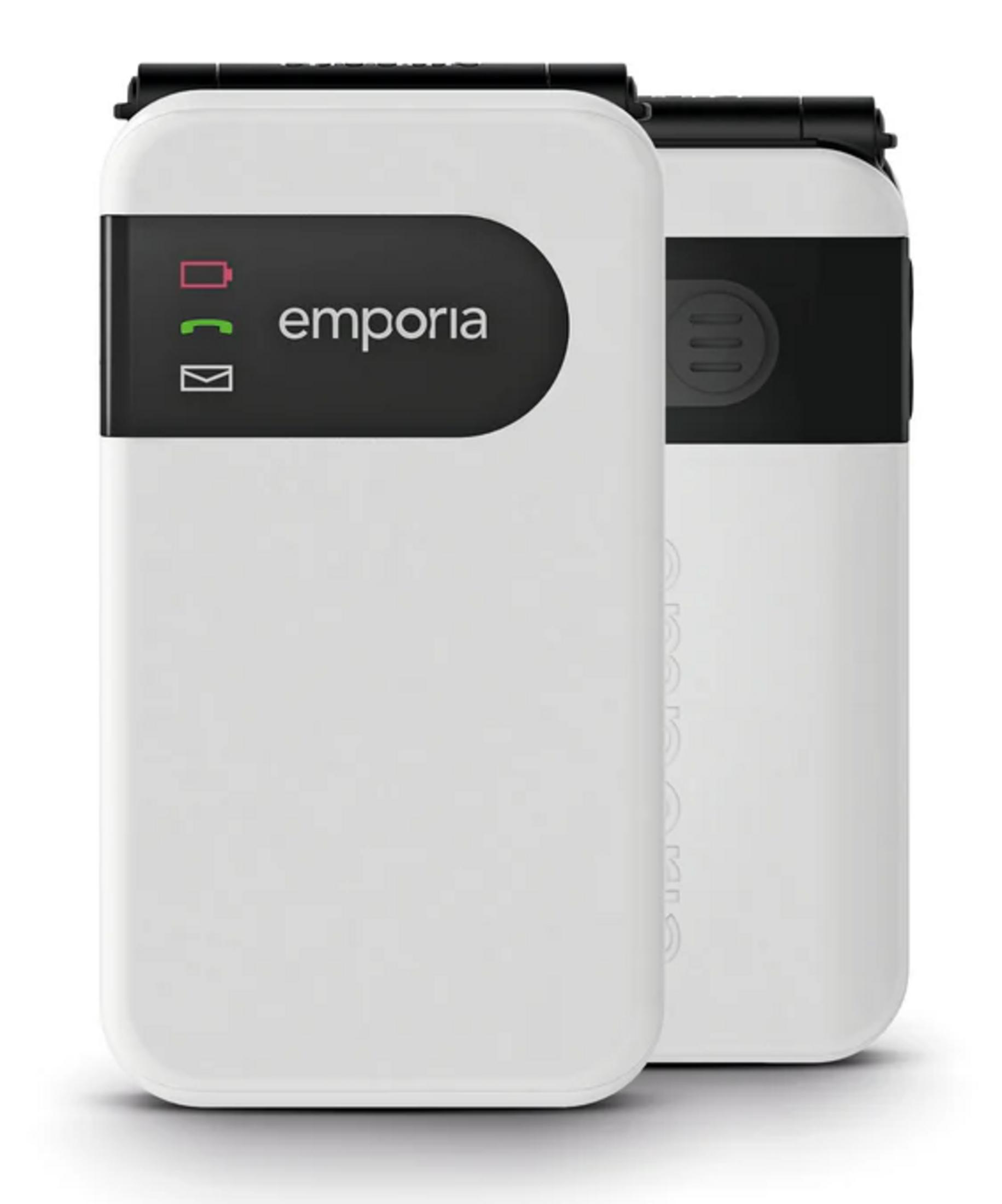 Due dispositivi Emporia bianchi uno accanto all'altro con spie luminose.
