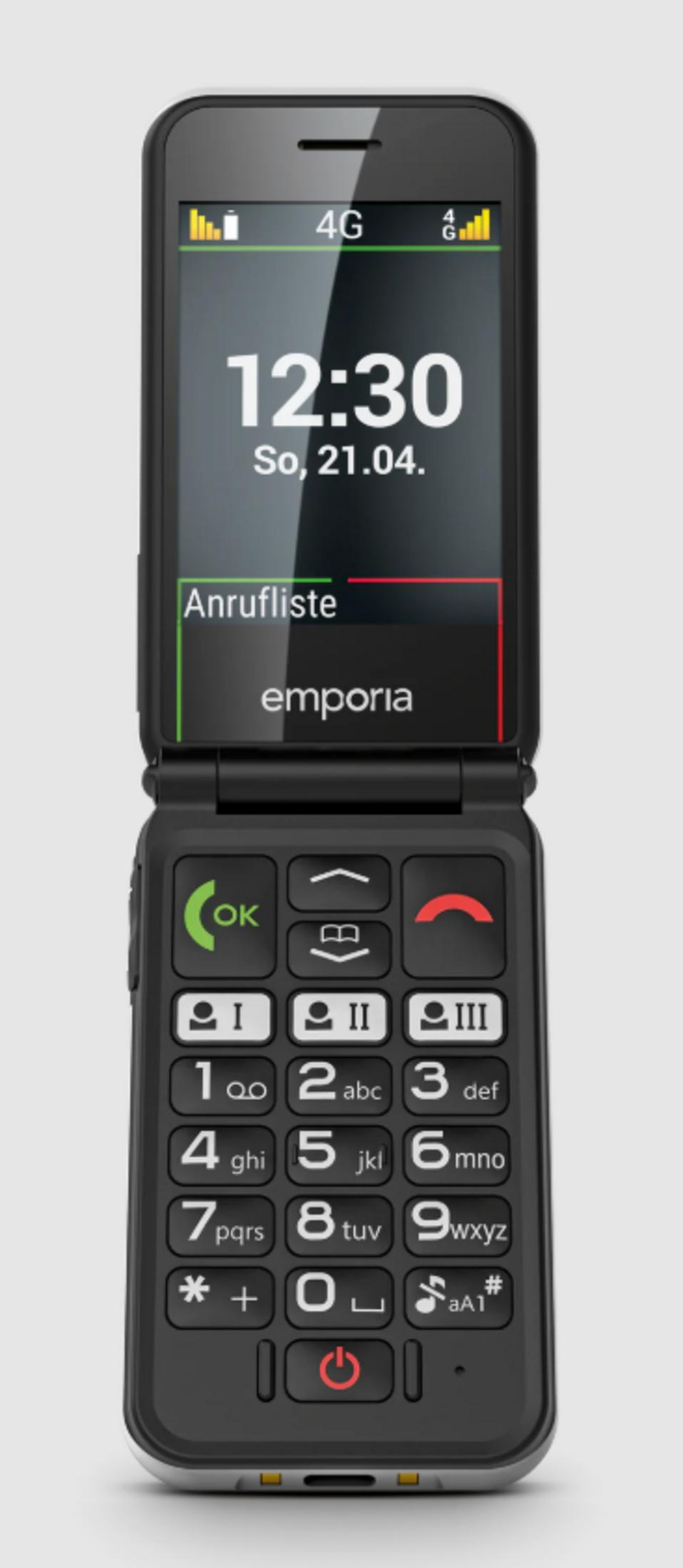 Un telefono a conchiglia Emporia nero aperto mostra le 12:30 e la lista chiamate.