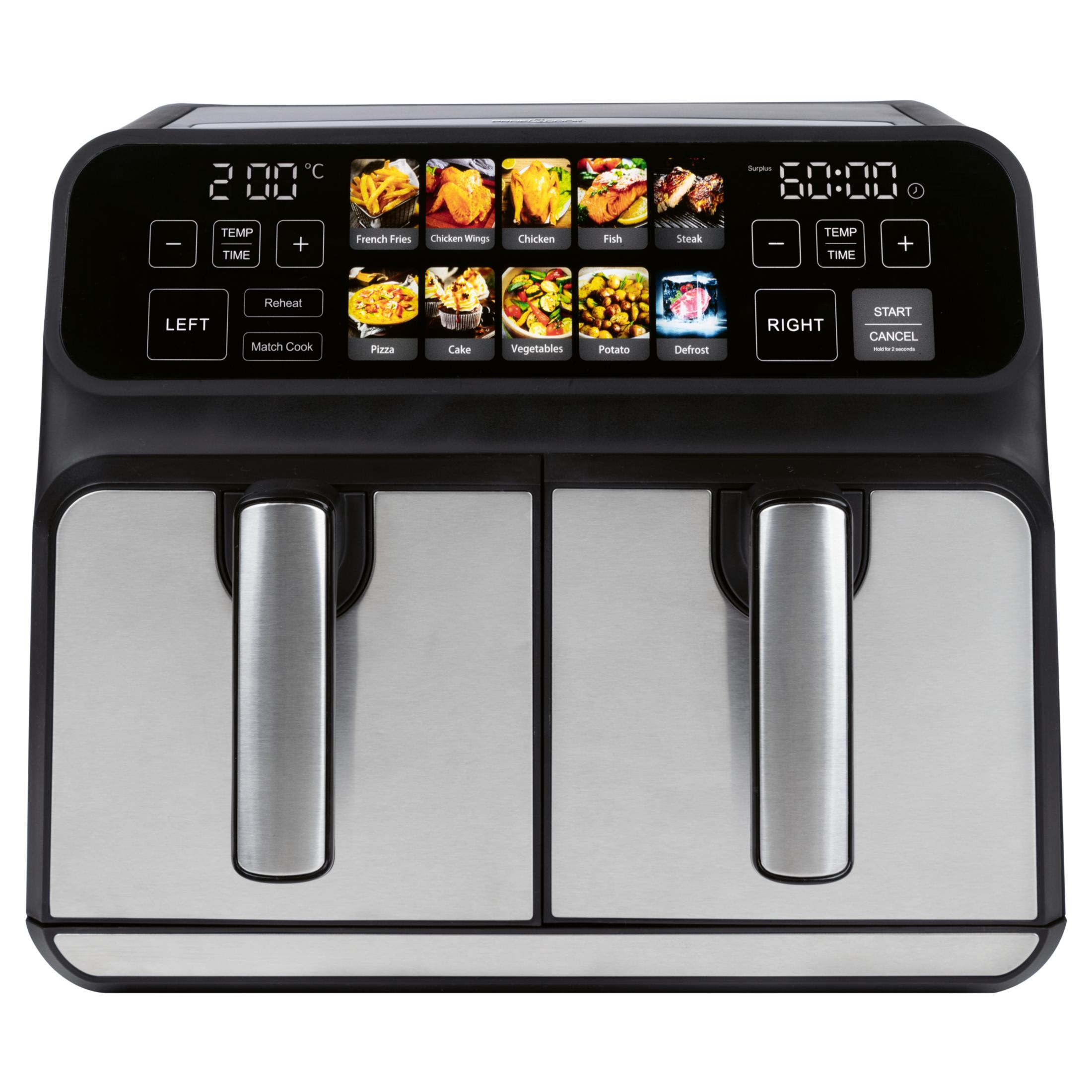 Eine digitale Heißluftfritteuse mit Doppelschublade und Touchscreen-Display.