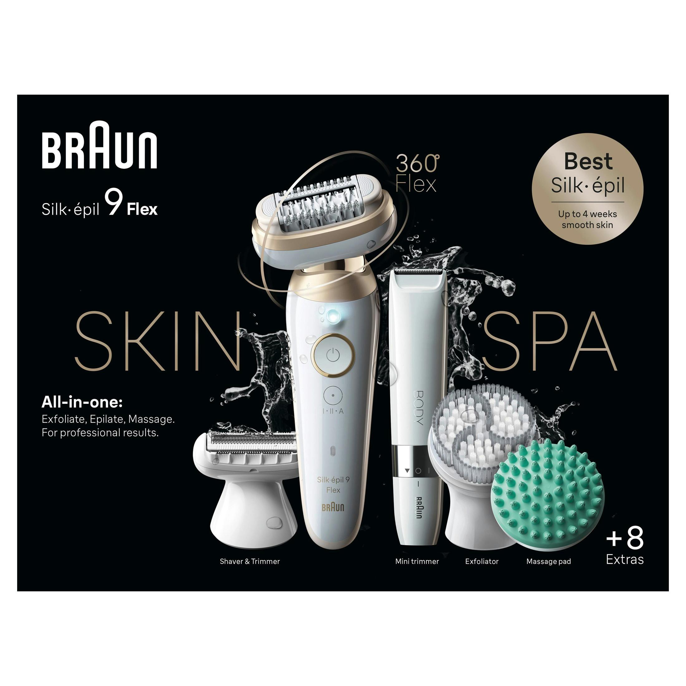 Depiladora Braun Silk-épil 9 Flex con cabezal 360 Flex, afeitadora, recortadora, exfoliante y almohadilla masaje.