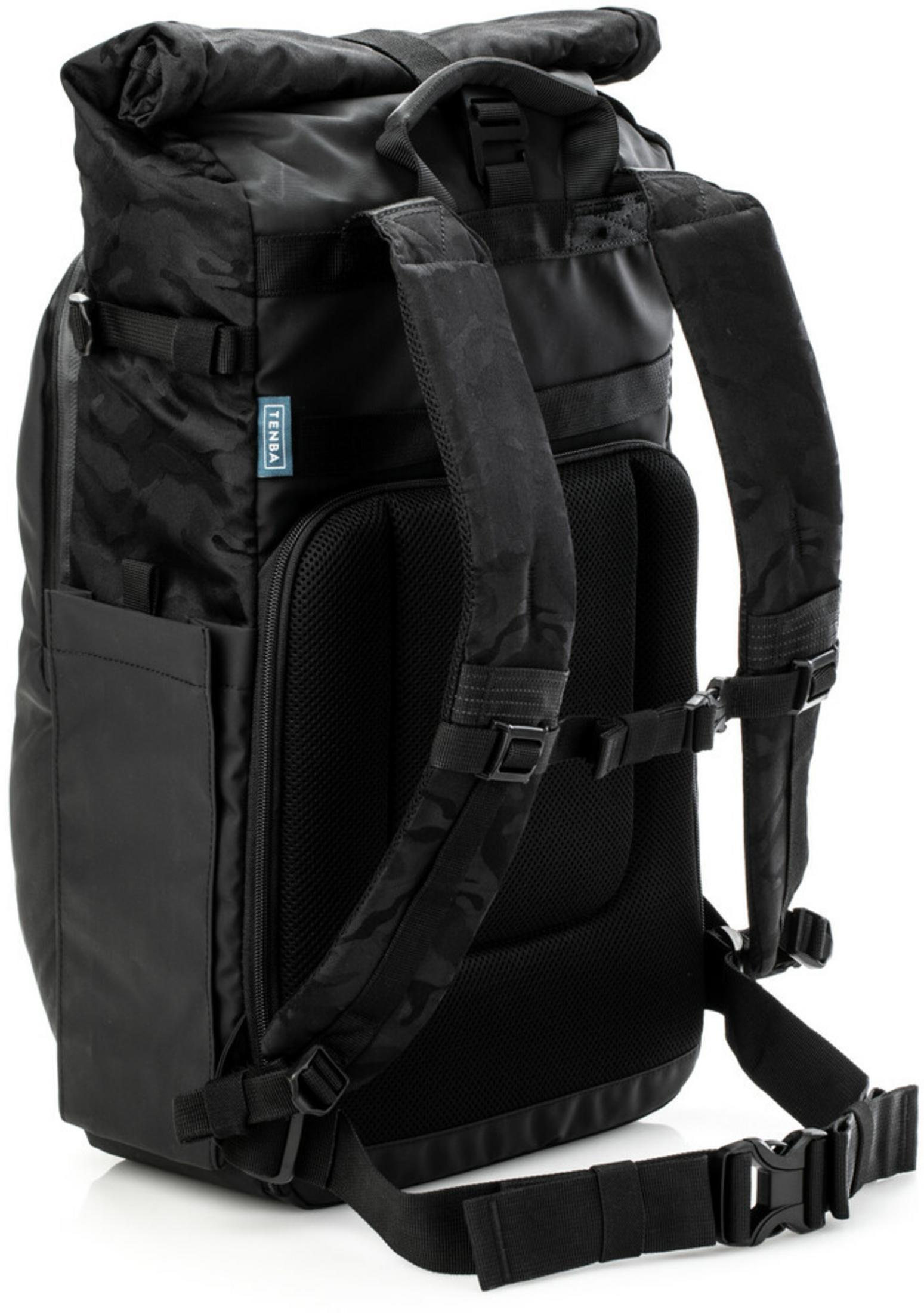 Black backpack with camouflage pattern, padded straps, and buckles.