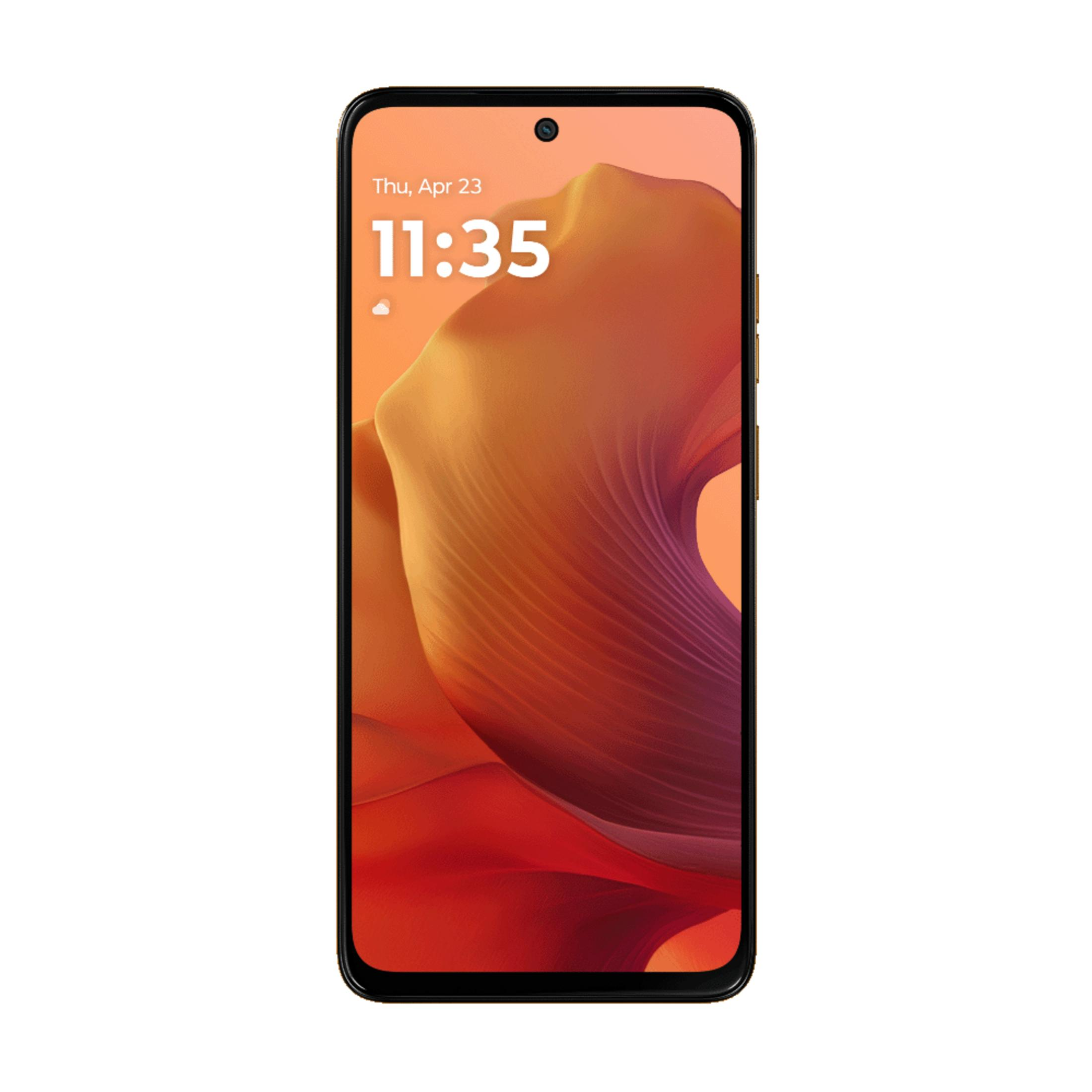 Un smartphone que muestra las 11:35 en un fondo de pantalla abstracto naranja.