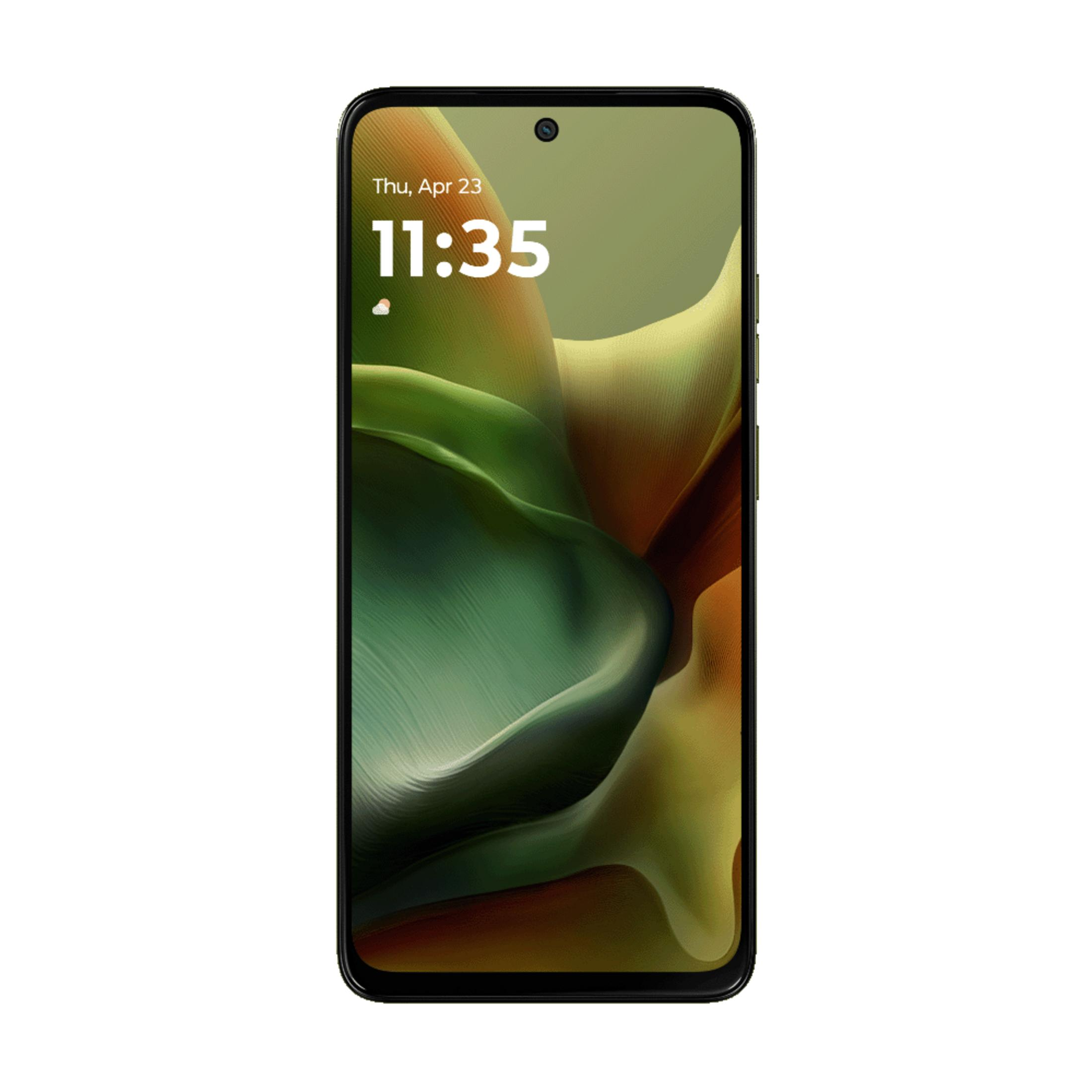 Un smartphone muestra las 11:35 con un fondo de pantalla abstracto y ondulado en tonos verdes y marrones.