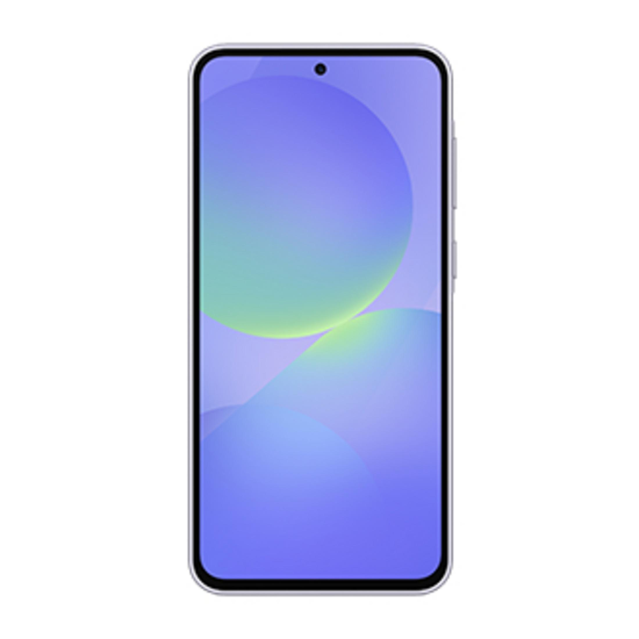 Een zilveren smartphone met een abstracte blauwe en groene achtergrond op het scherm.