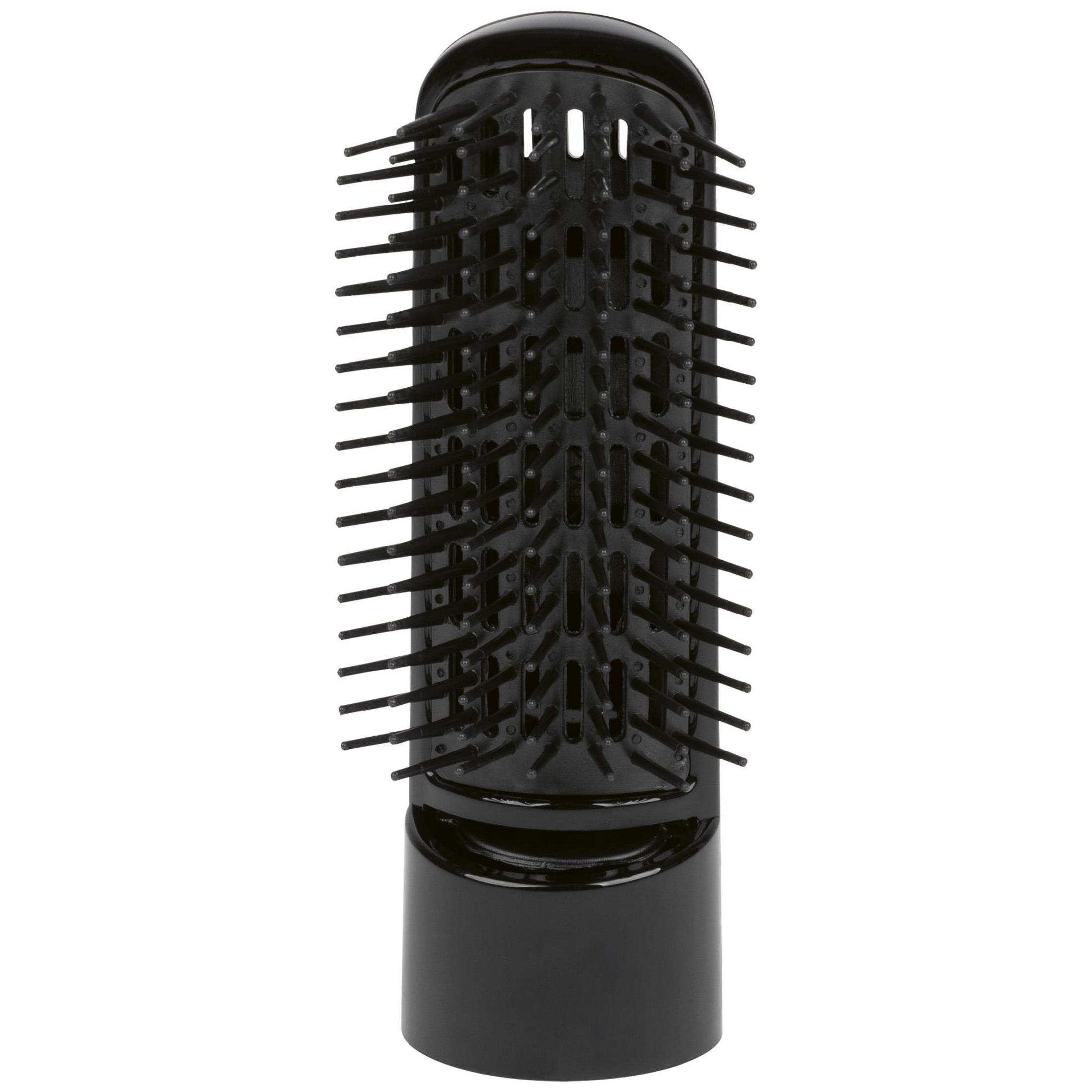 Spazzola per capelli nera con molte setole e manico cilindrico.