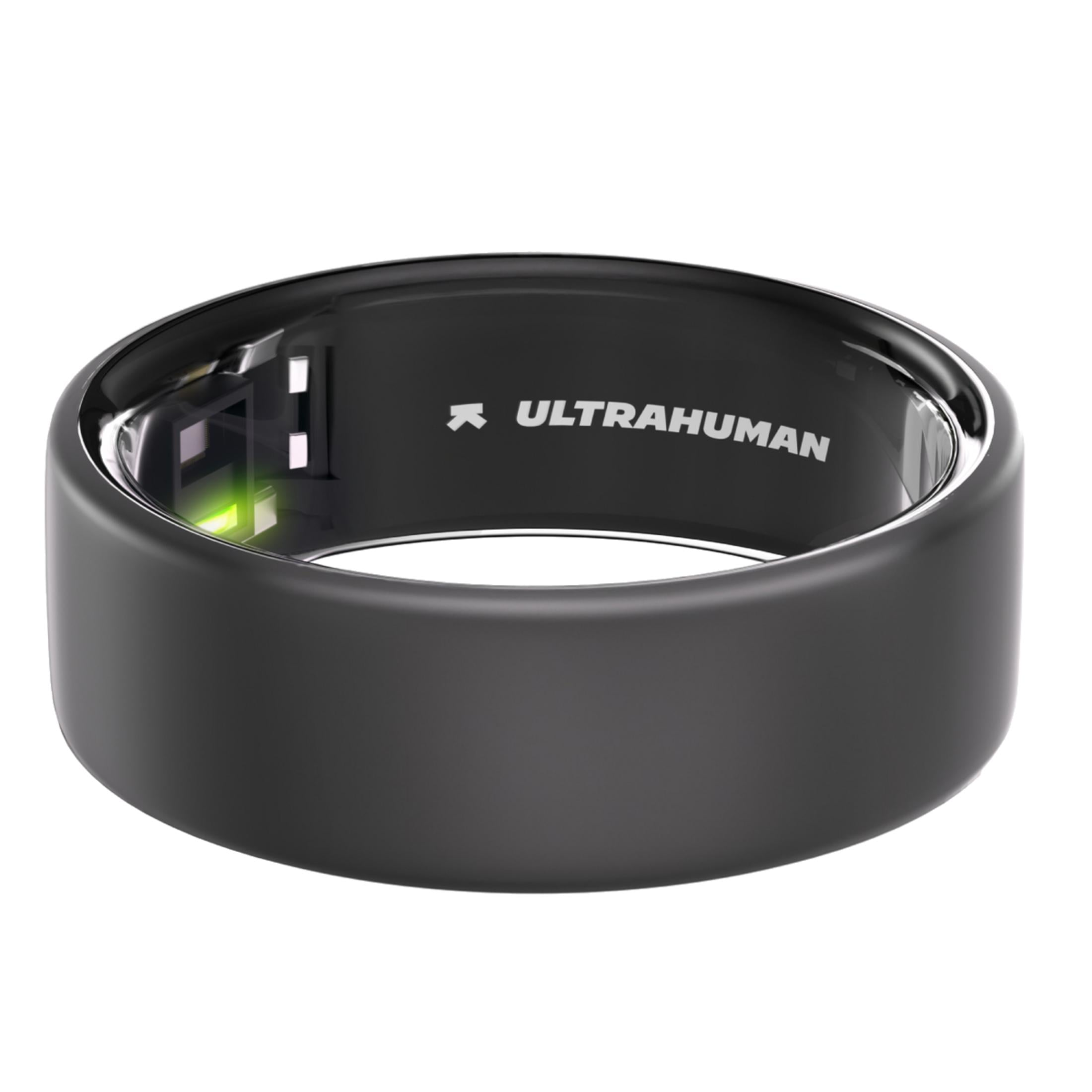 Ein schwarzer Ring mit \"ULTRAHUMAN\"-Logo und grünem Licht.