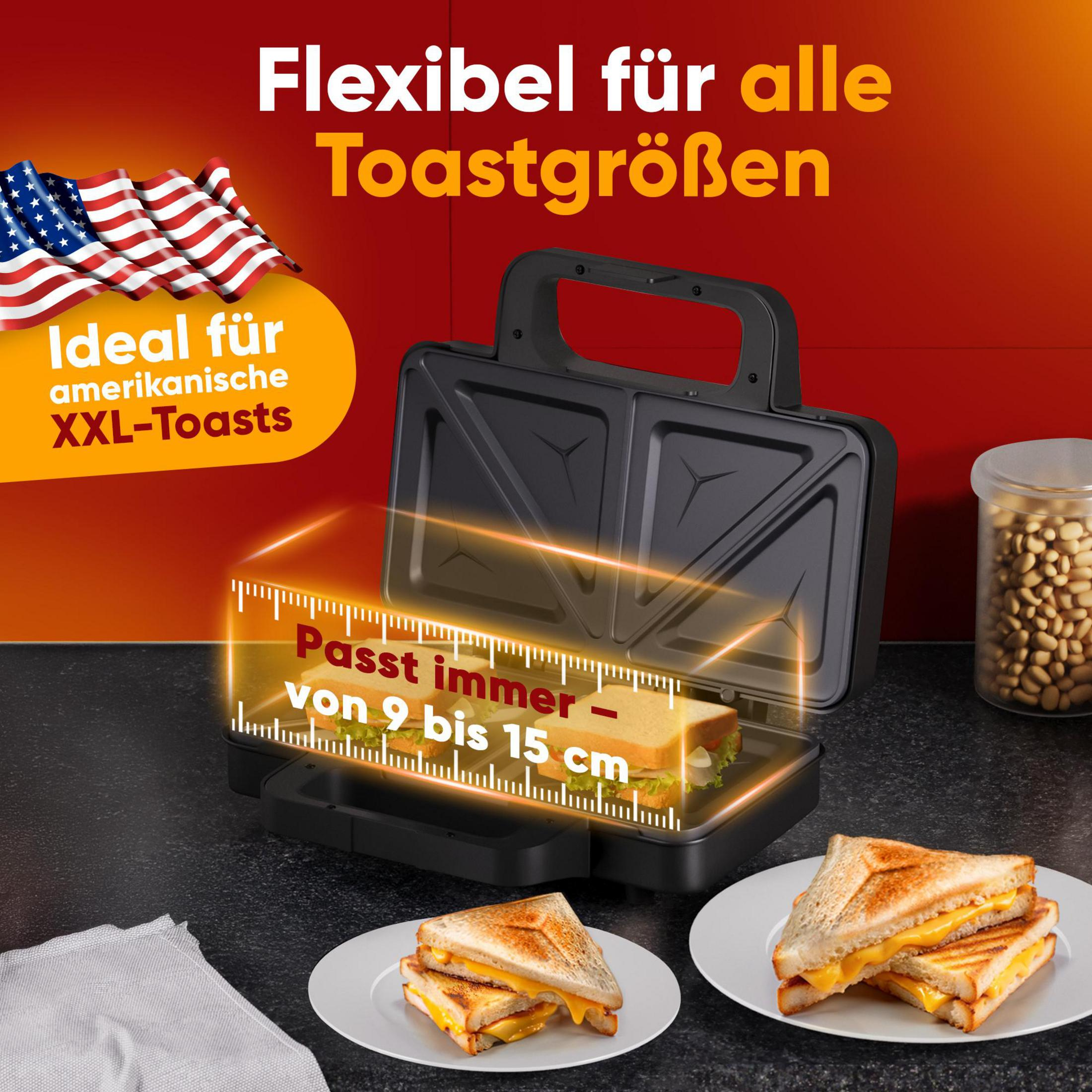 Sandwichtoaster mit amerikanischen Flaggen und Sandwiches. Passt Toastgrößen von 9-15cm.