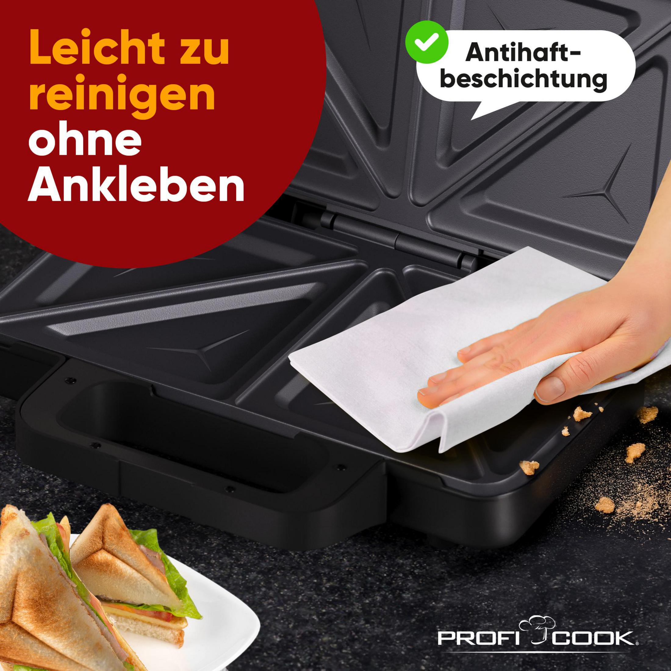 Eine Hand wischt eine Sandwichmaker-Platte mit einem Tuch ab. Sandwich-Hälften liegen links.