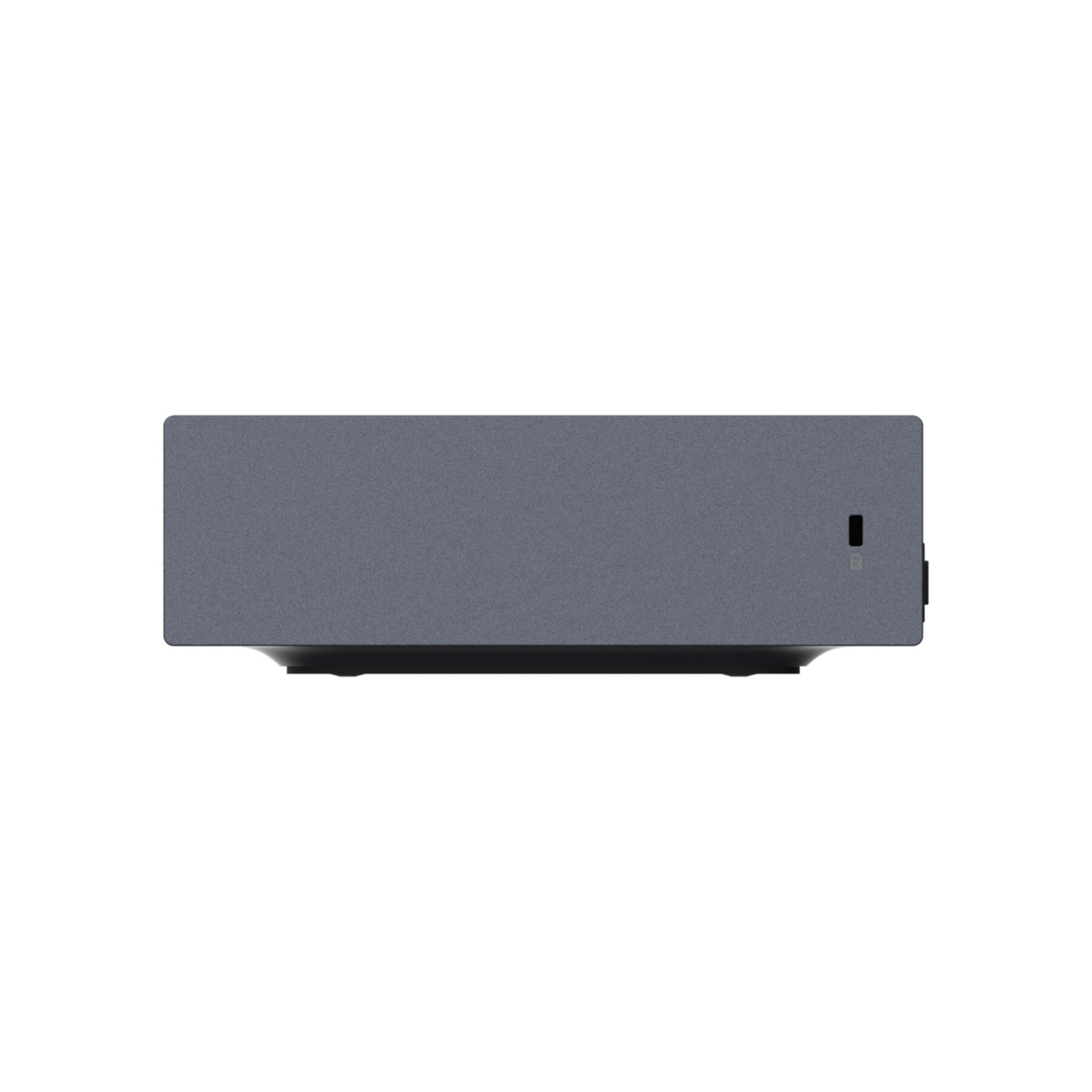 Un appareil rectangulaire gris avec un petit bouton d'alimentation noir.