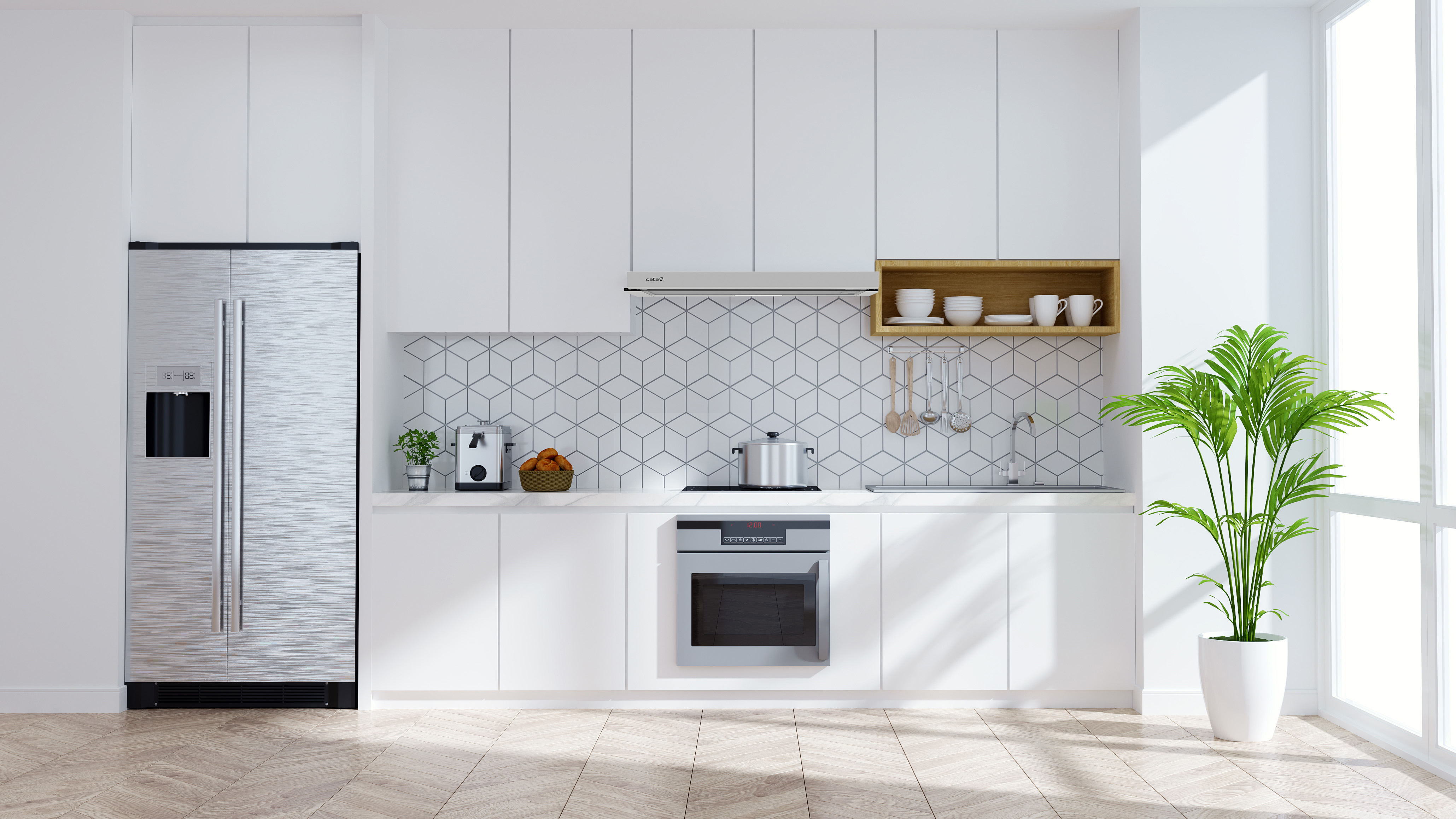 Una cocina moderna con electrodomésticos de acero inoxidable, gabinetes blancos y pisos de madera.