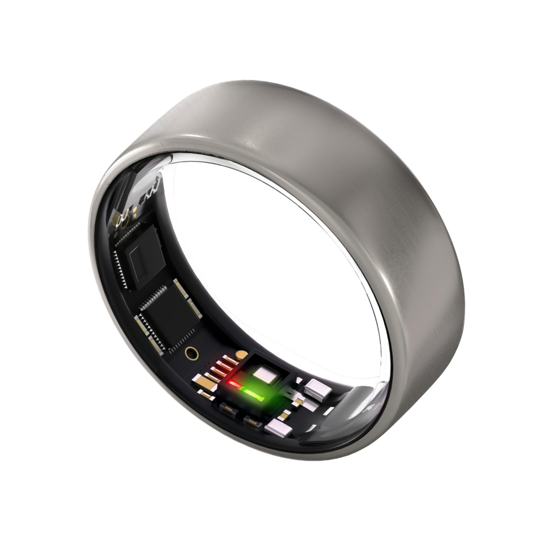 Ein silberner Smartring mit offenliegenden Schaltkreisen und grünen/roten LEDs.