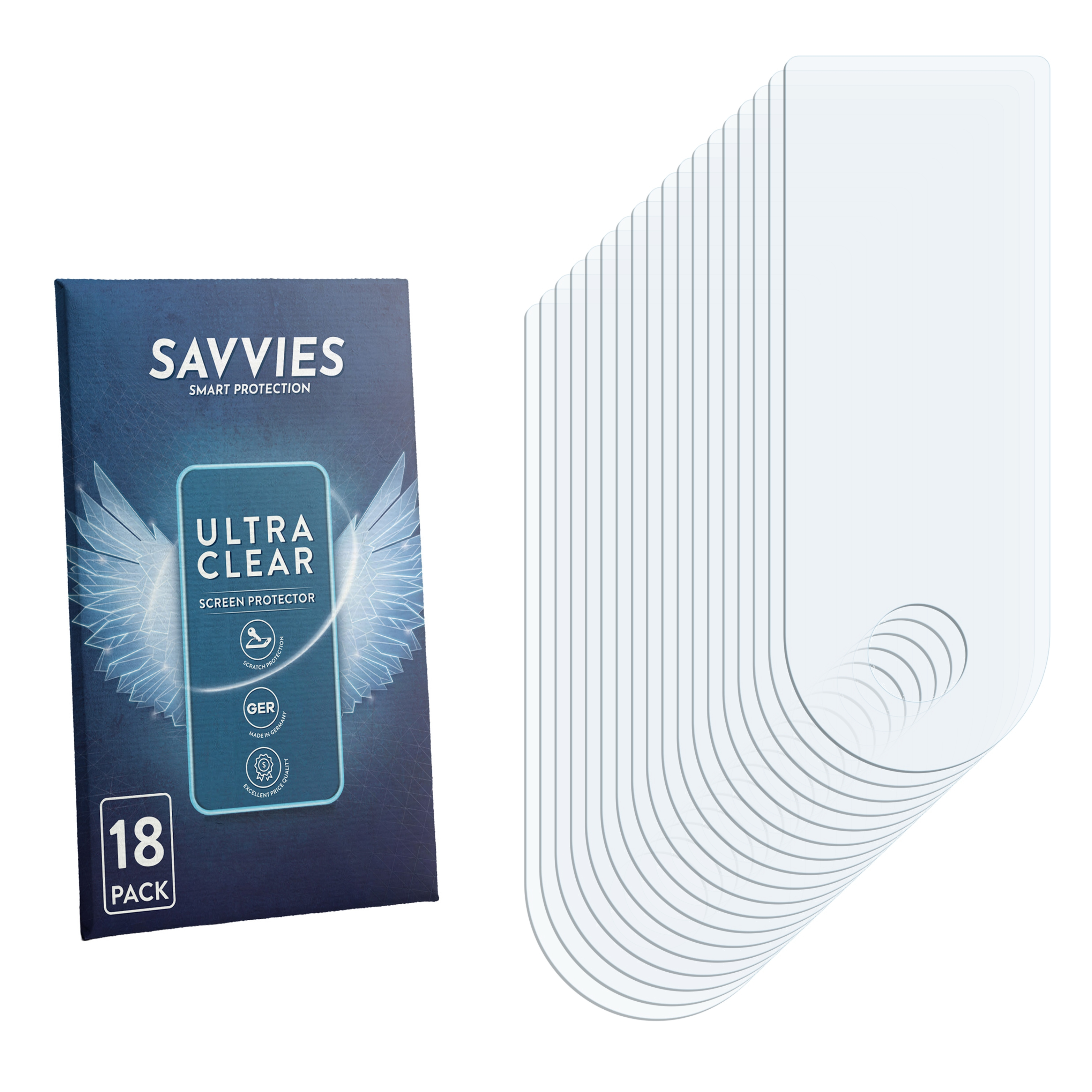 Eine Packung mit 18 Savvies Displayschutzfolien, ultra klar, Made in Germany.
