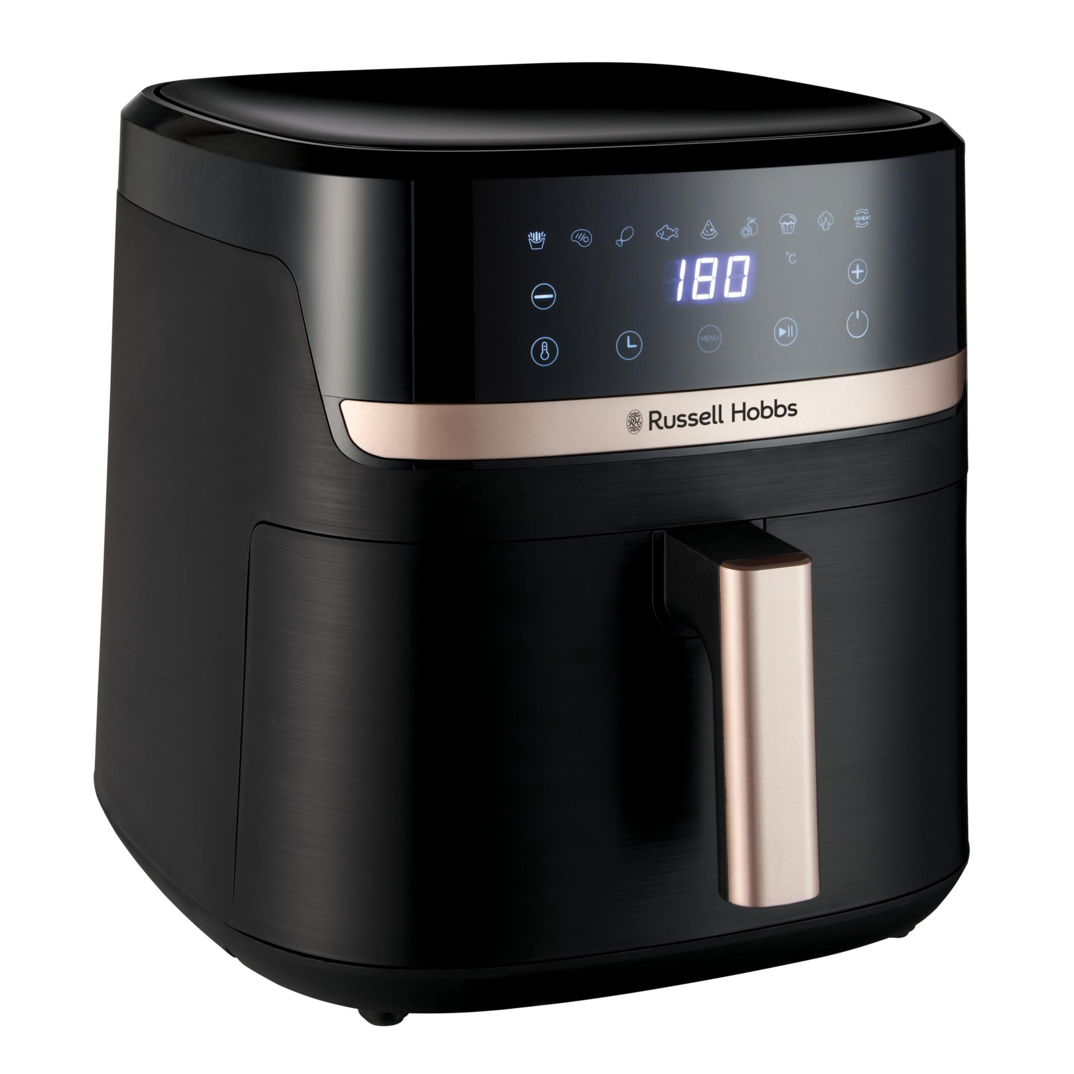 Schwarzer Heißluftfritteuse von Russell Hobbs mit digitaler Anzeige undrosegoldenem Griff.