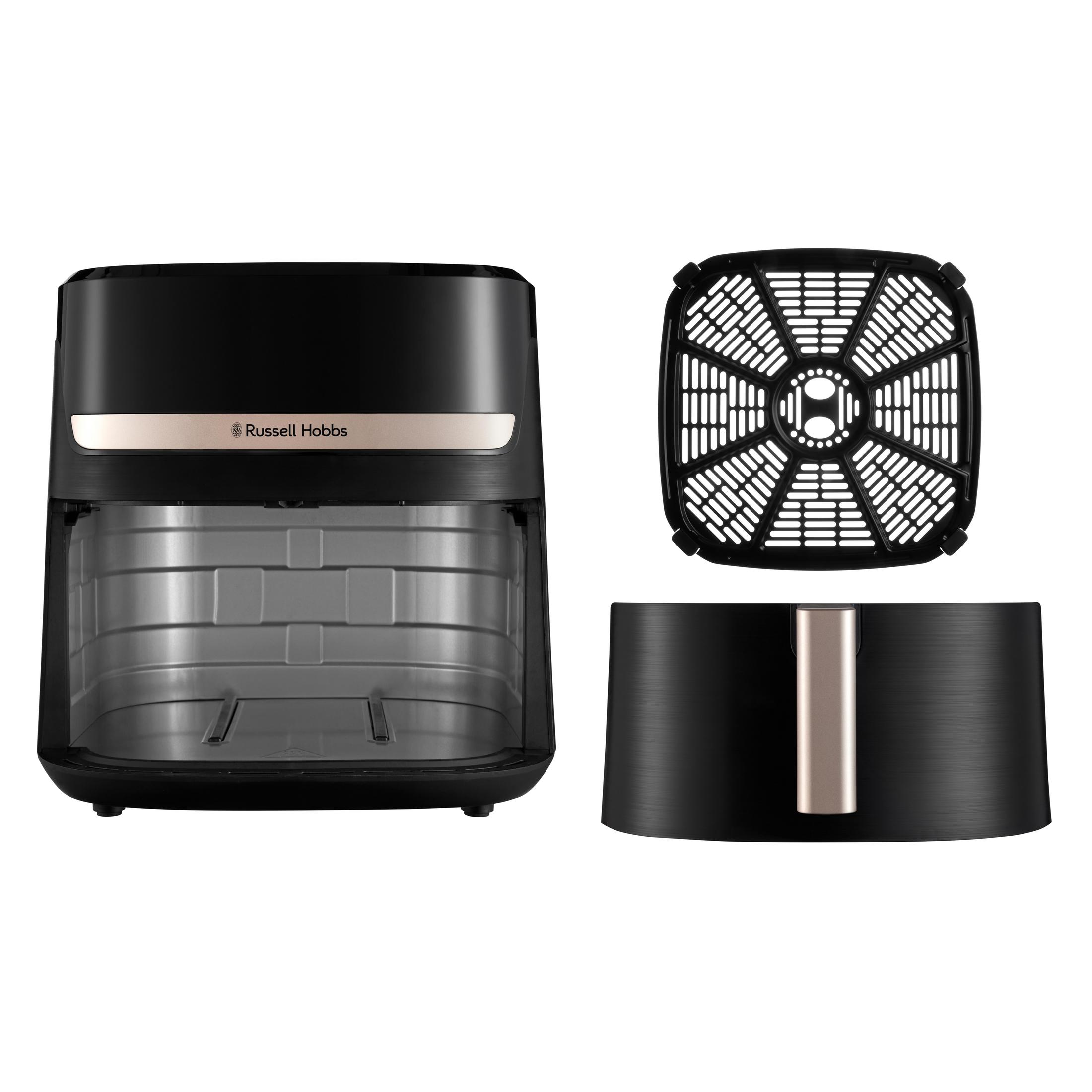 Schwarzer Russell Hobbs Heißluftfritteuse mit Schublade und Korb.