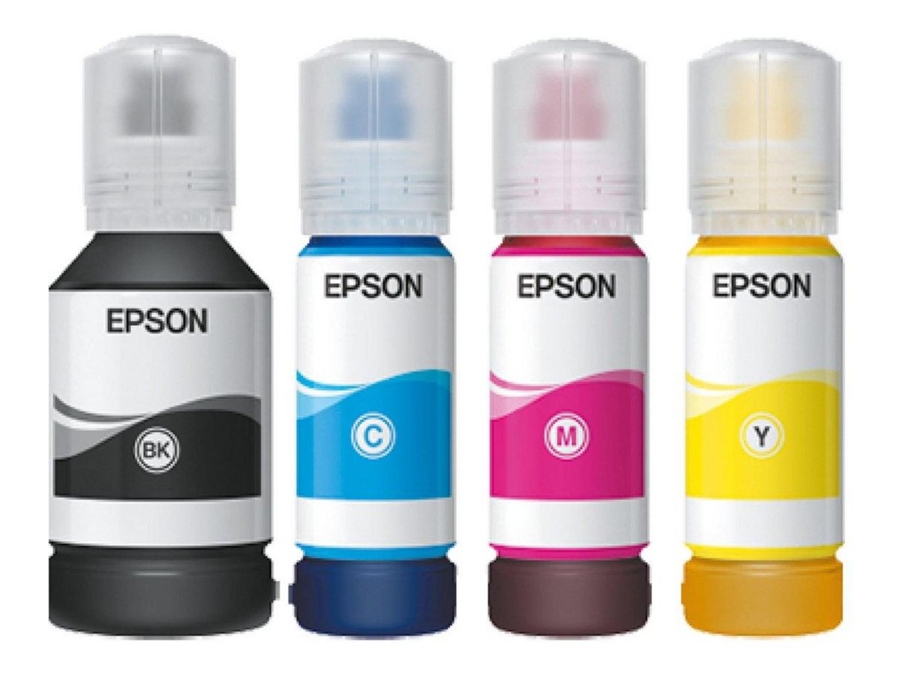 Four Epson ink bottles: black, cyan, magenta, and yellow.