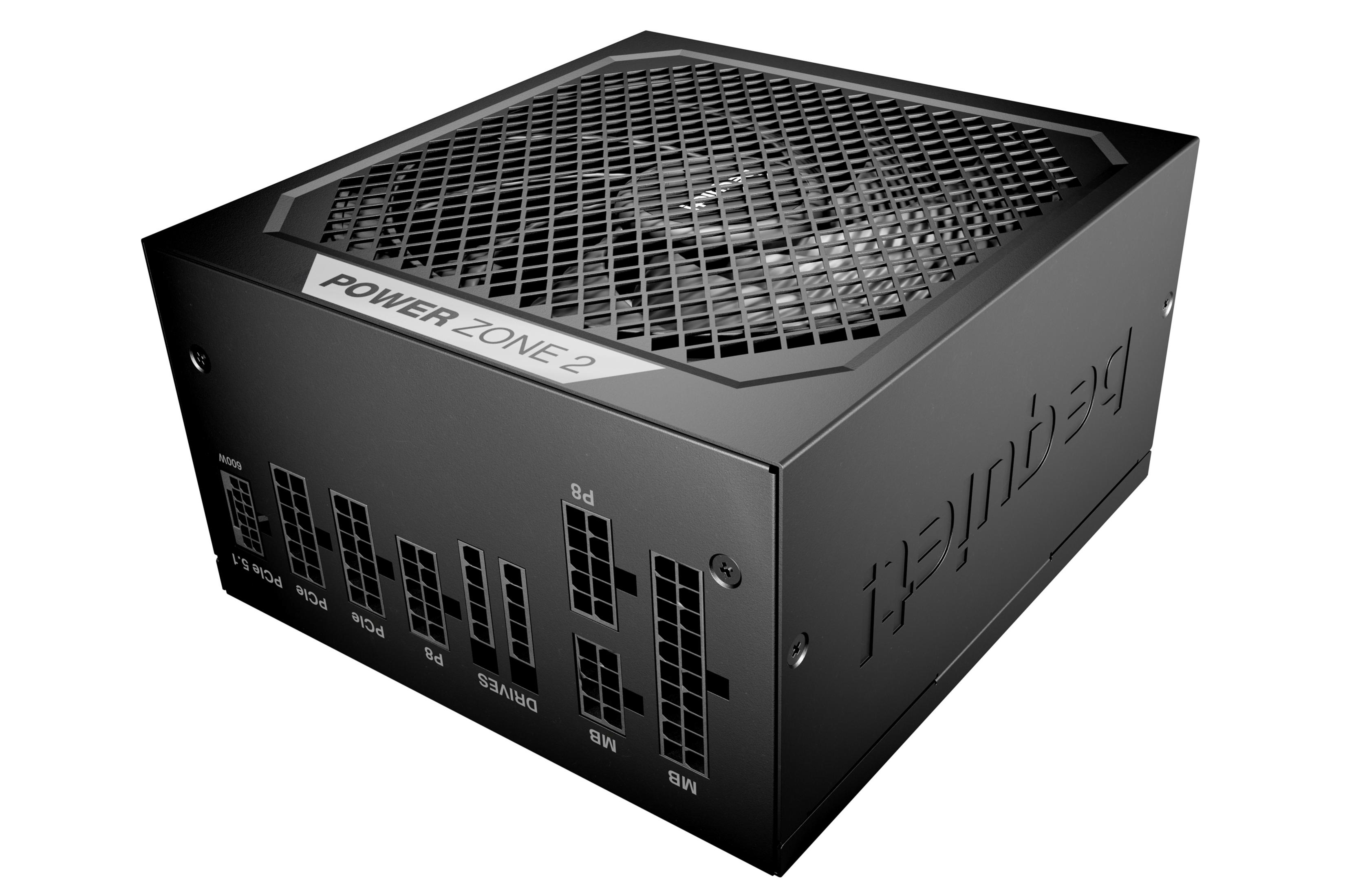 Czarny zasilacz z kratką wentylatora i portami: MB, Drives, P8, PCIe 5.1