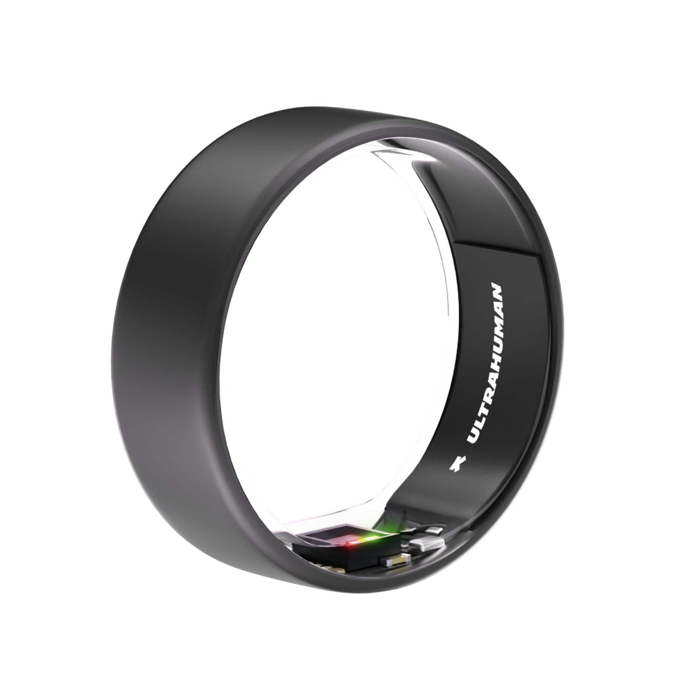 Ein schwarzer Ring mit sichtbaren elektronischen Komponenten und dem Schriftzug ULTRHUMAN.