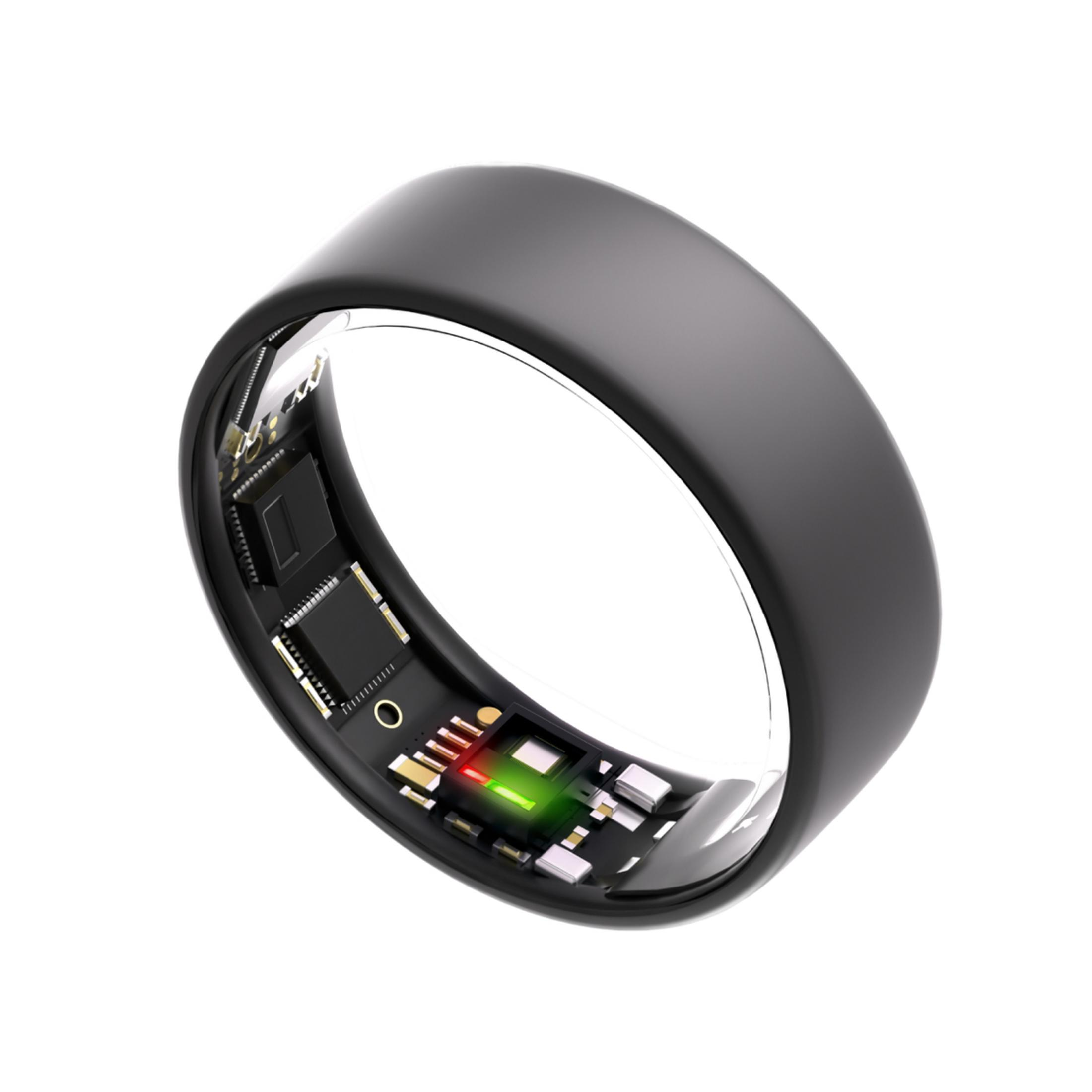 Schwarzer Ring mit geöffneter Innenseite, die eine Leiterplatte mit grünen und roten LEDs zeigt.