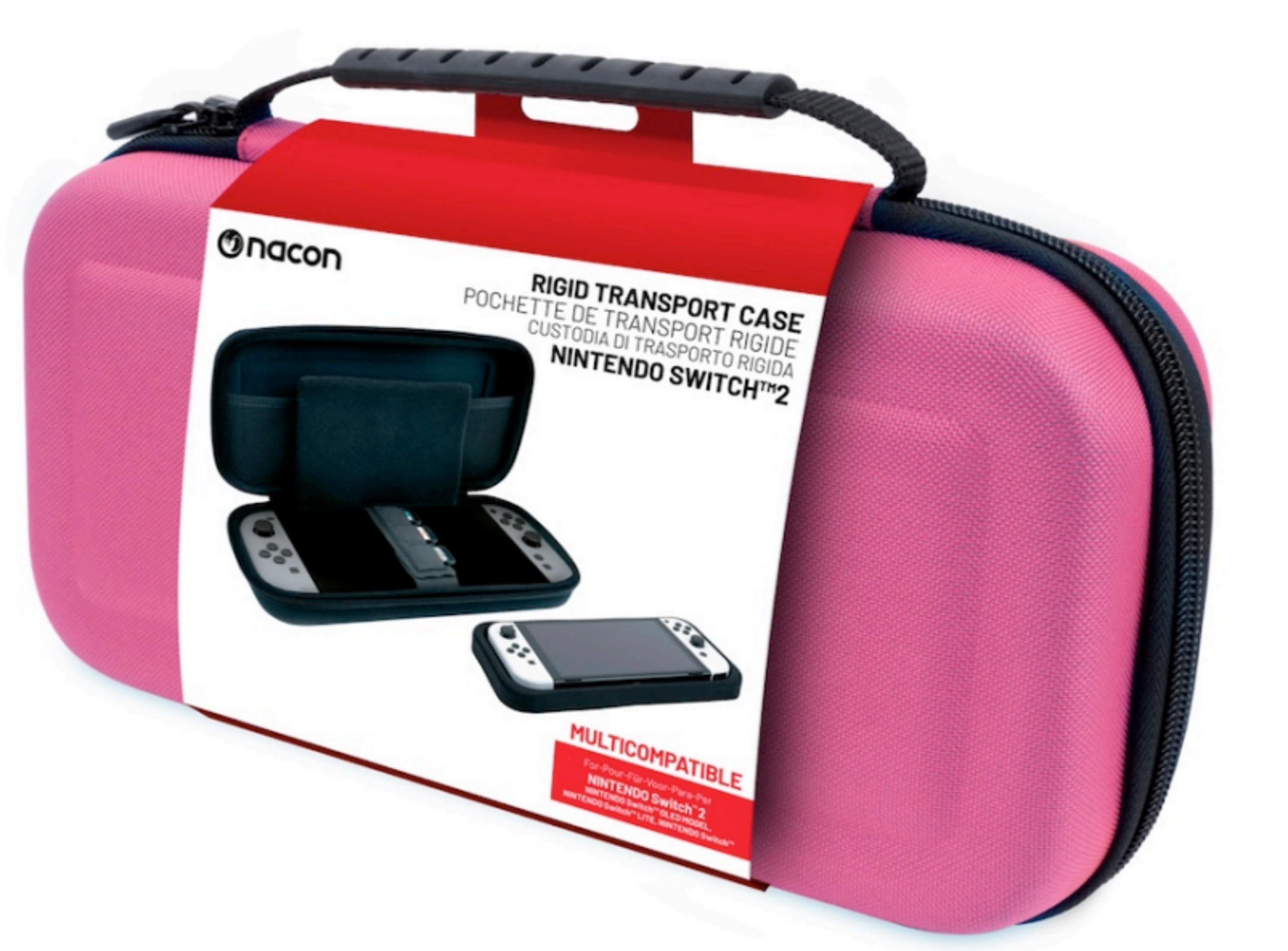 Una funda rosa para Nintendo Switch con asa y cierre de cremallera.