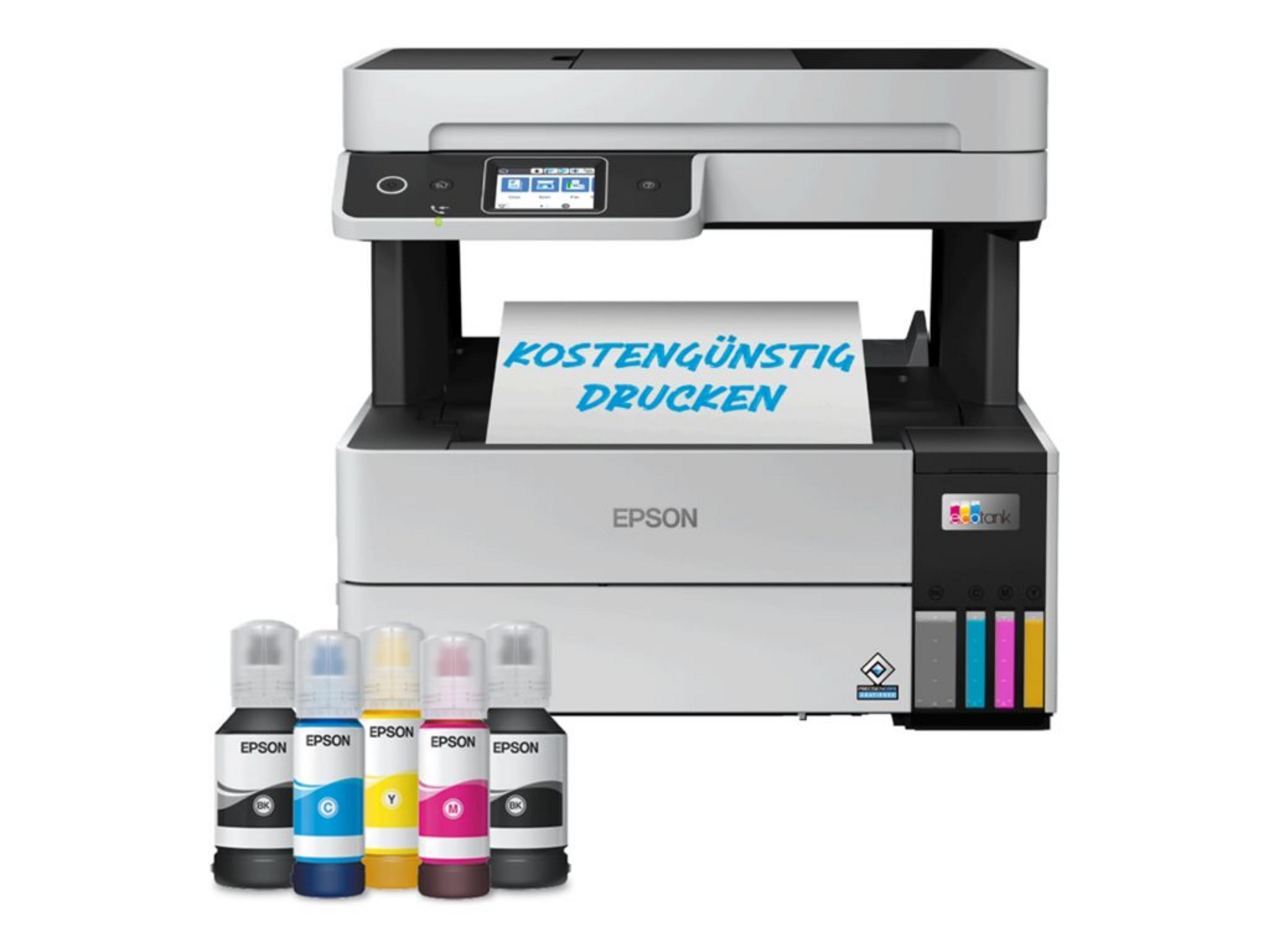 Una impresora Epson blanca con botellas de tinta negra, cian, amarilla y magenta.