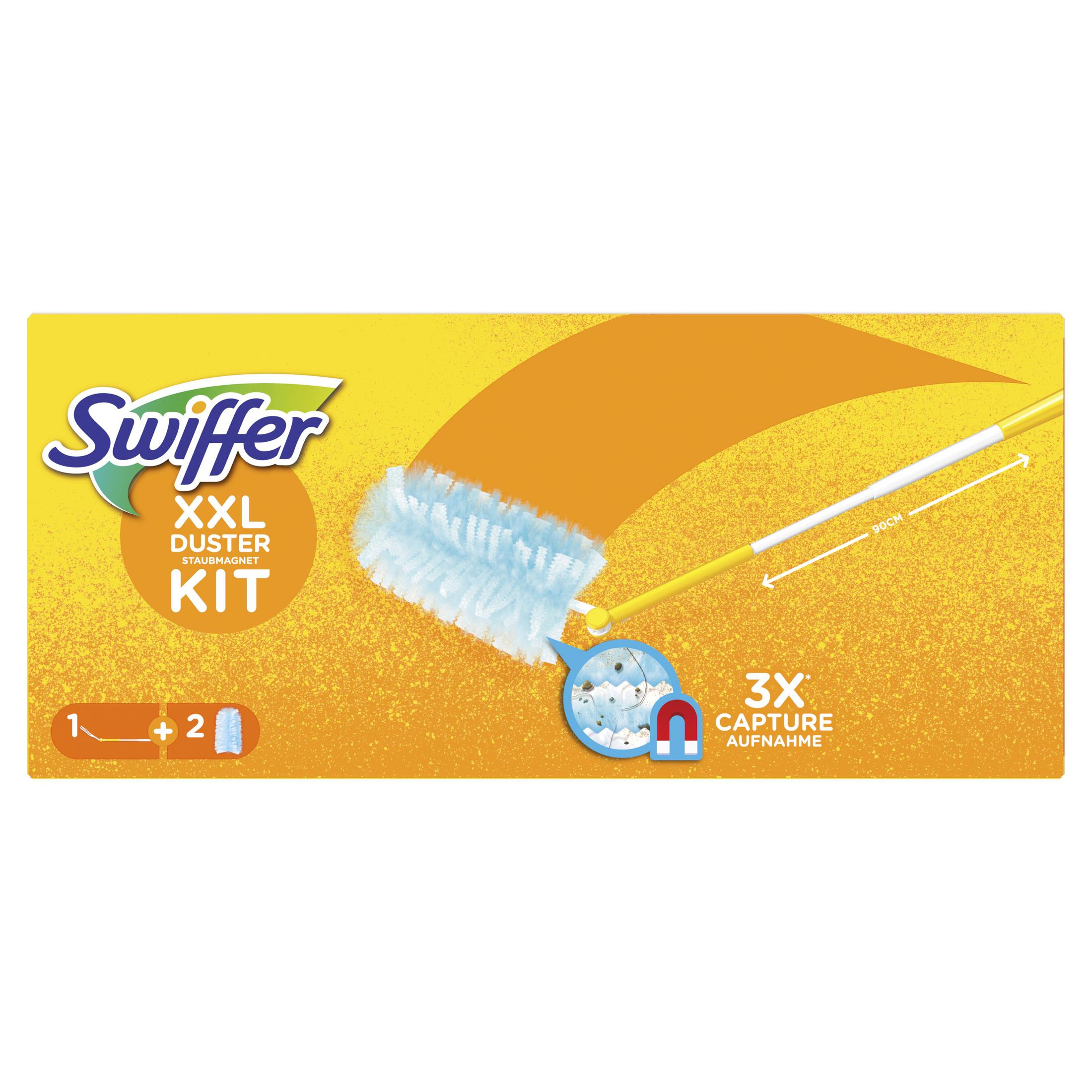 Swiffer XXL Staubmagnet Kit mit blauem Staubwedel und gelbem Stiel.