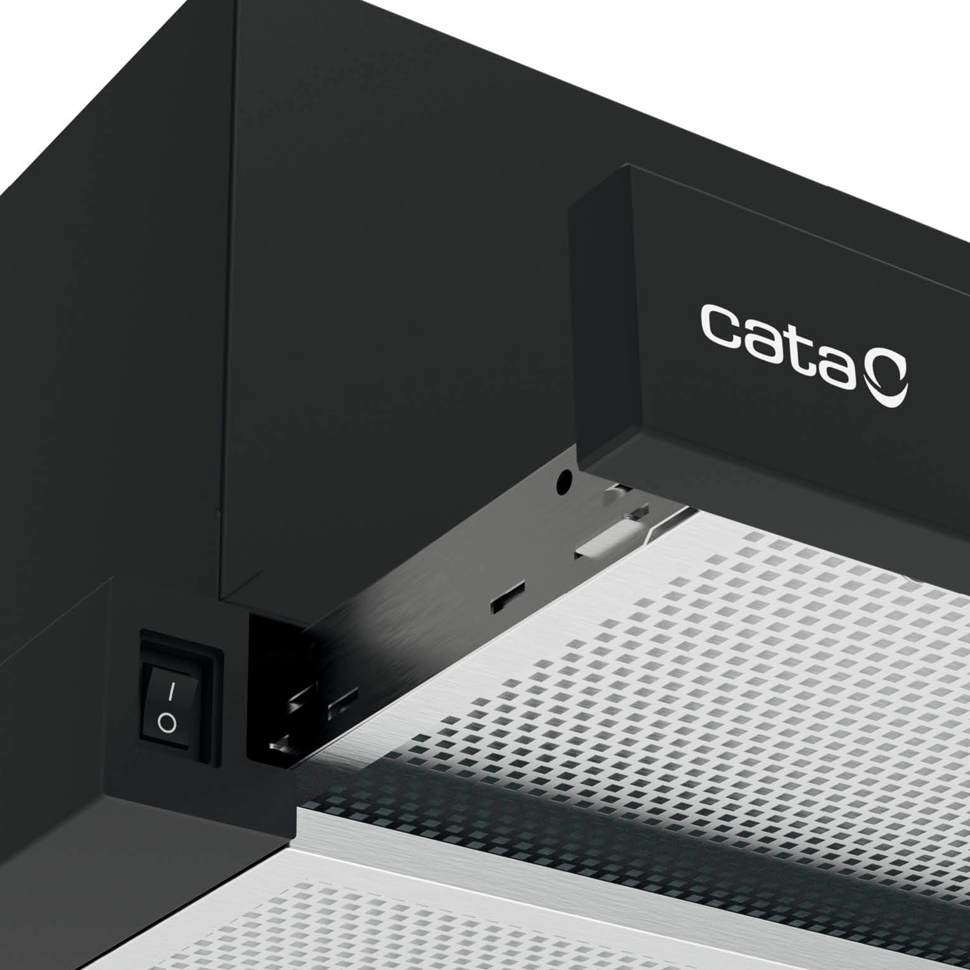 Detalle de campana extractora negra con logo Cata y interruptor.