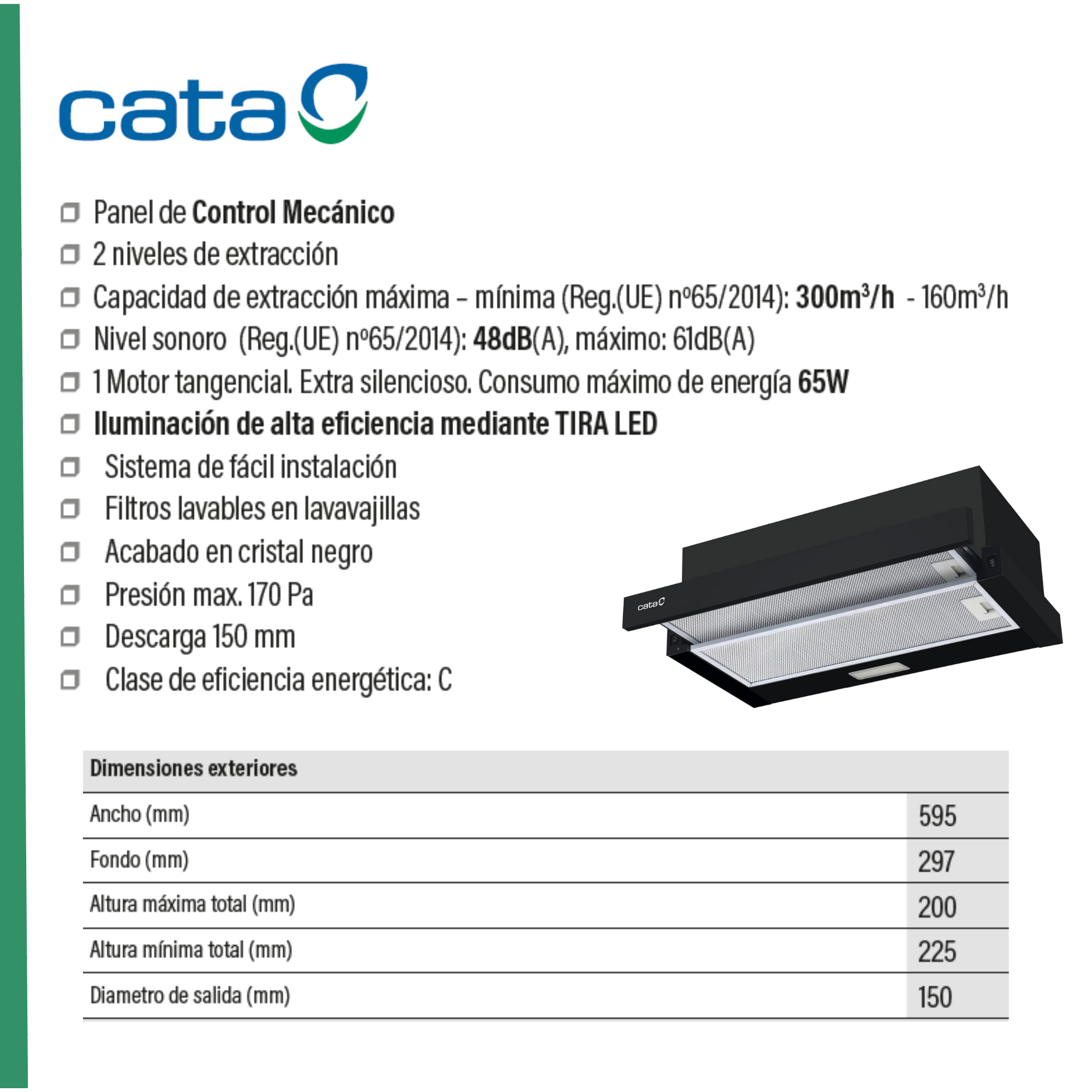 Campana extractora negra con logo Cata, controles mecánicos y luz LED.