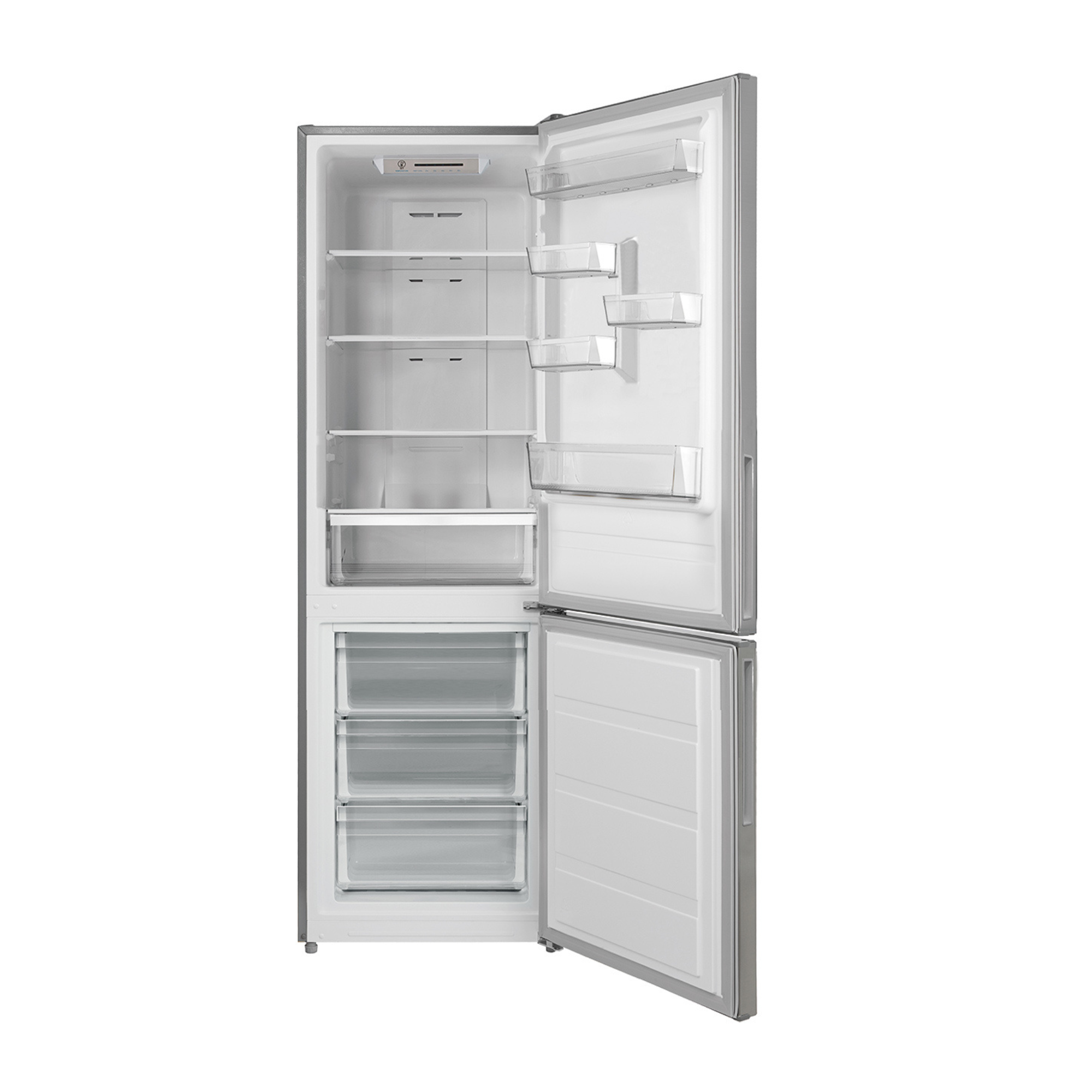 Un refrigerador plateado vacío con la puerta abierta, mostrando estantes y cajones.