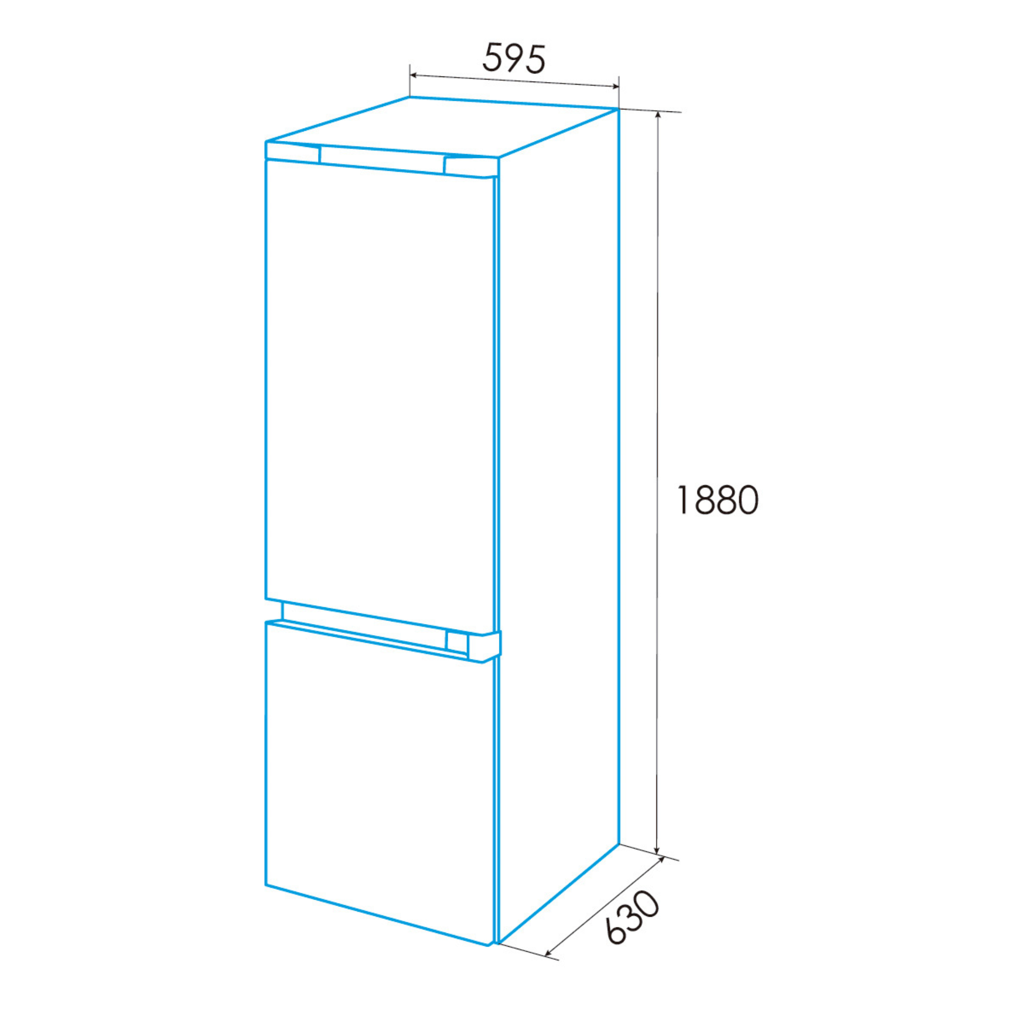 Un dibujo lineal azul de un refrigerador con dimensiones de 59.5 x 188 x 63 cm.