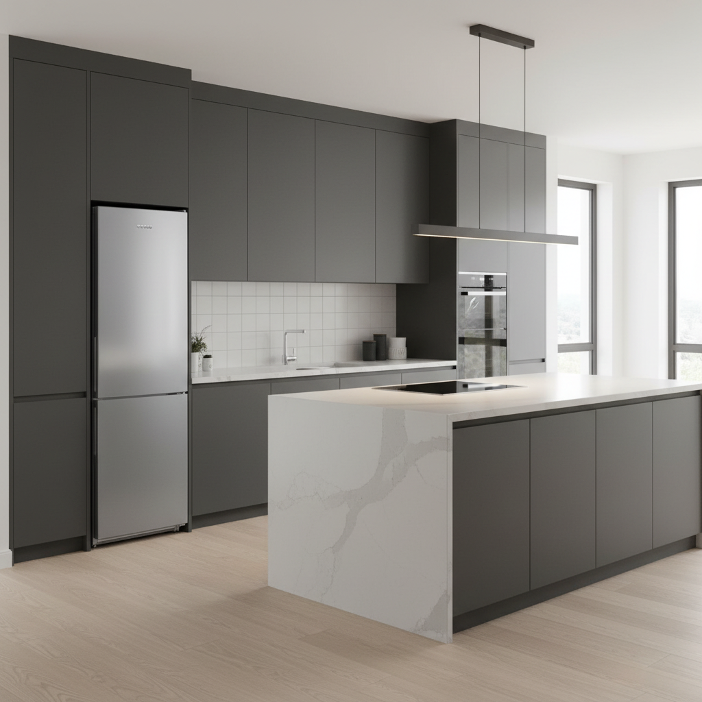 Cocina moderna oscura con frigorífico de acero inoxidable, isla y electrodomésticos.