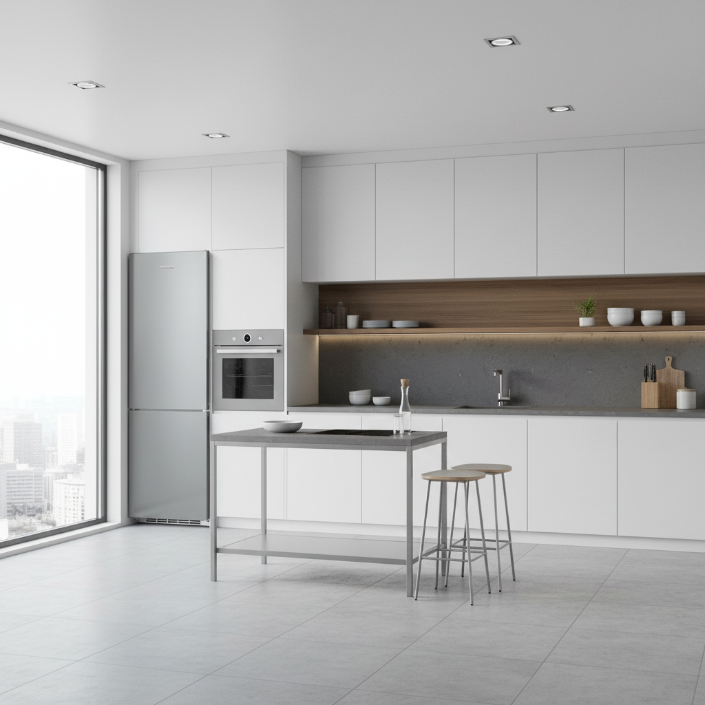 Moderna cocina blanca con nevera, horno, isla y taburetes.