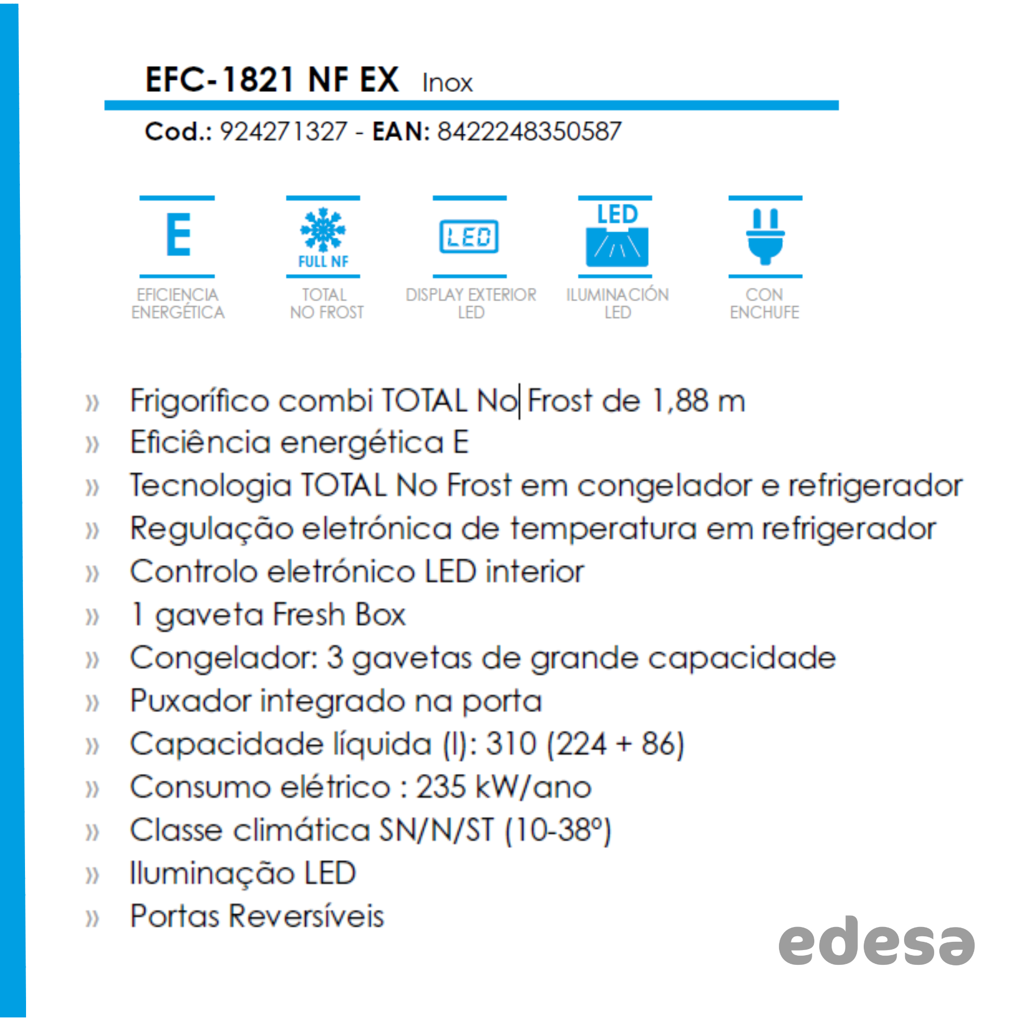 Frigorífico EFC-1821 NF EX Inox: Eficiencia E, no frost.