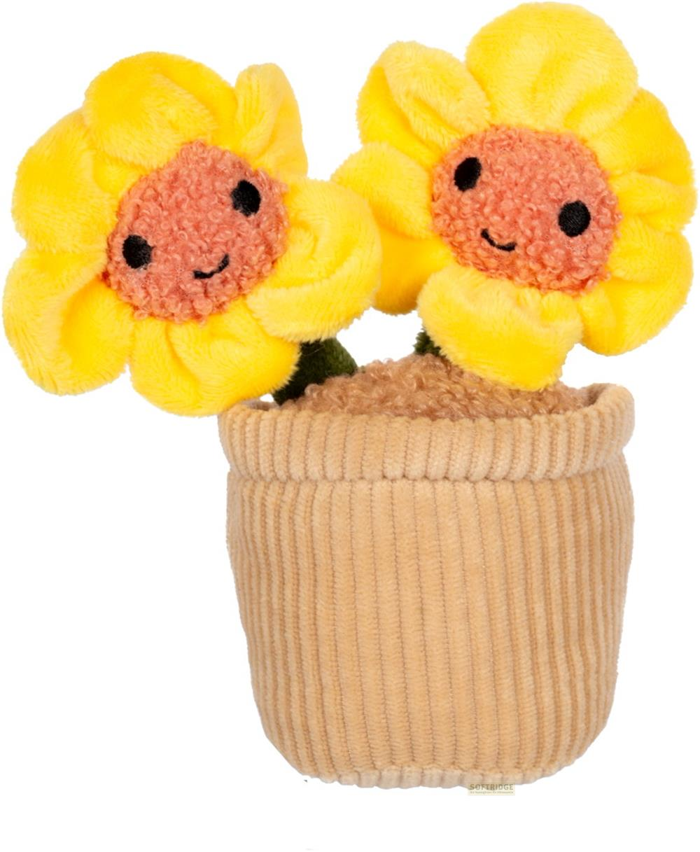 Zwei niedliche, lächelnde Sonnenblumen-Plüschtiere in einem braunen Topf.
