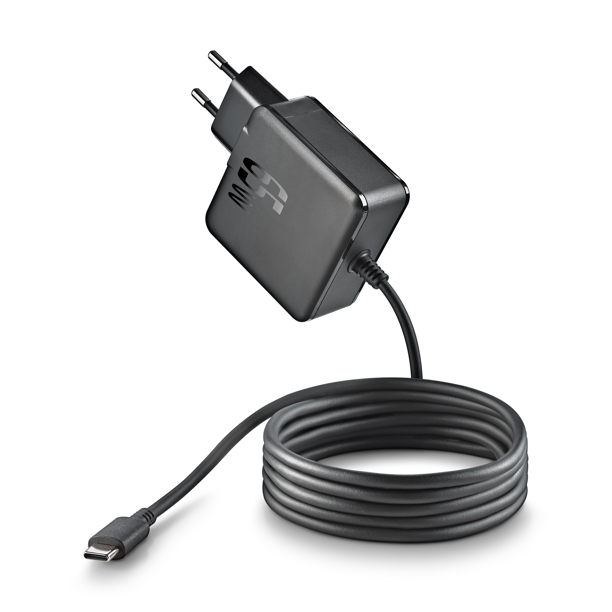 Un alimentatore nero con cavo USB-C e spina europea.