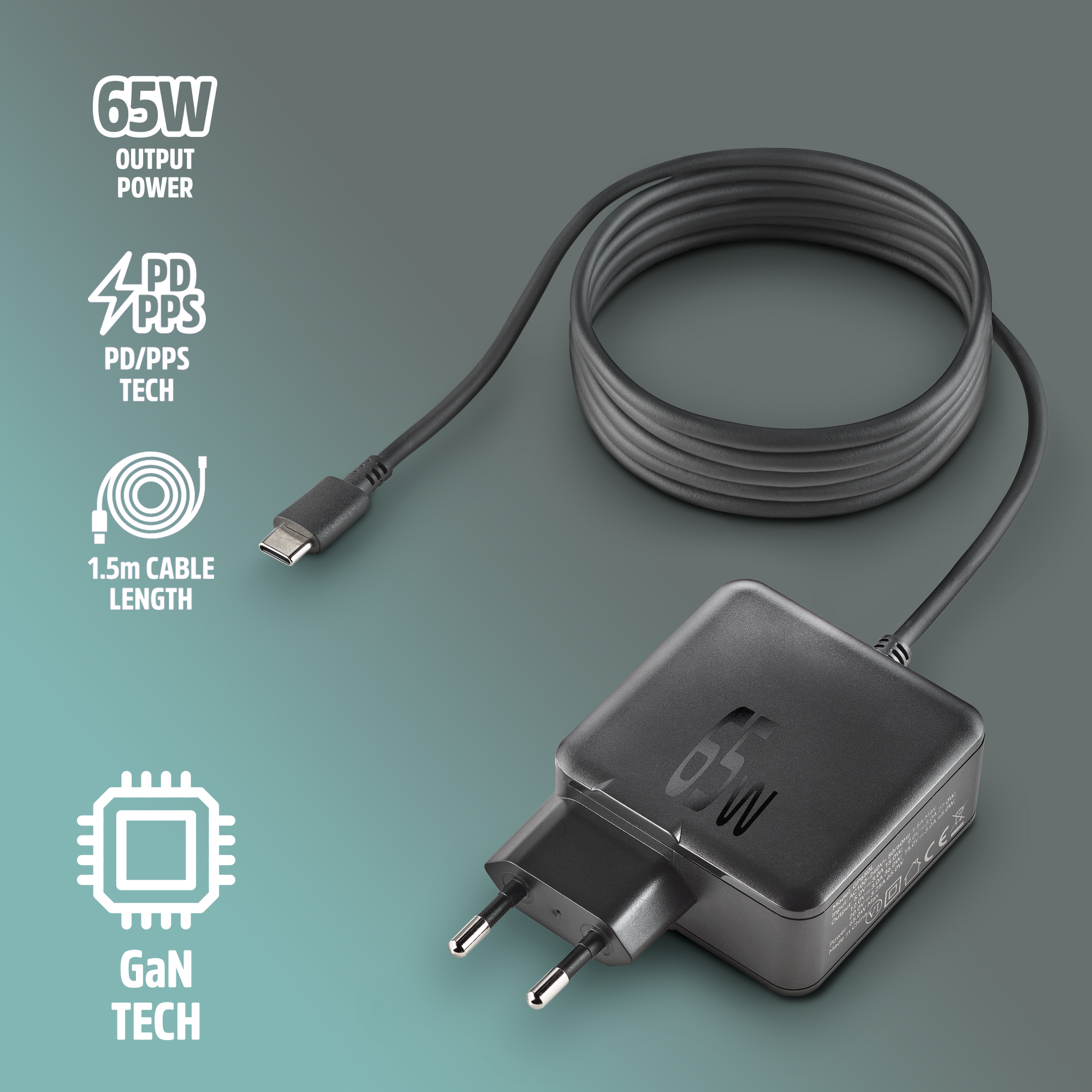 Un caricatore USB-C nero da 65W con spina UE e cavo da 1,5 m.